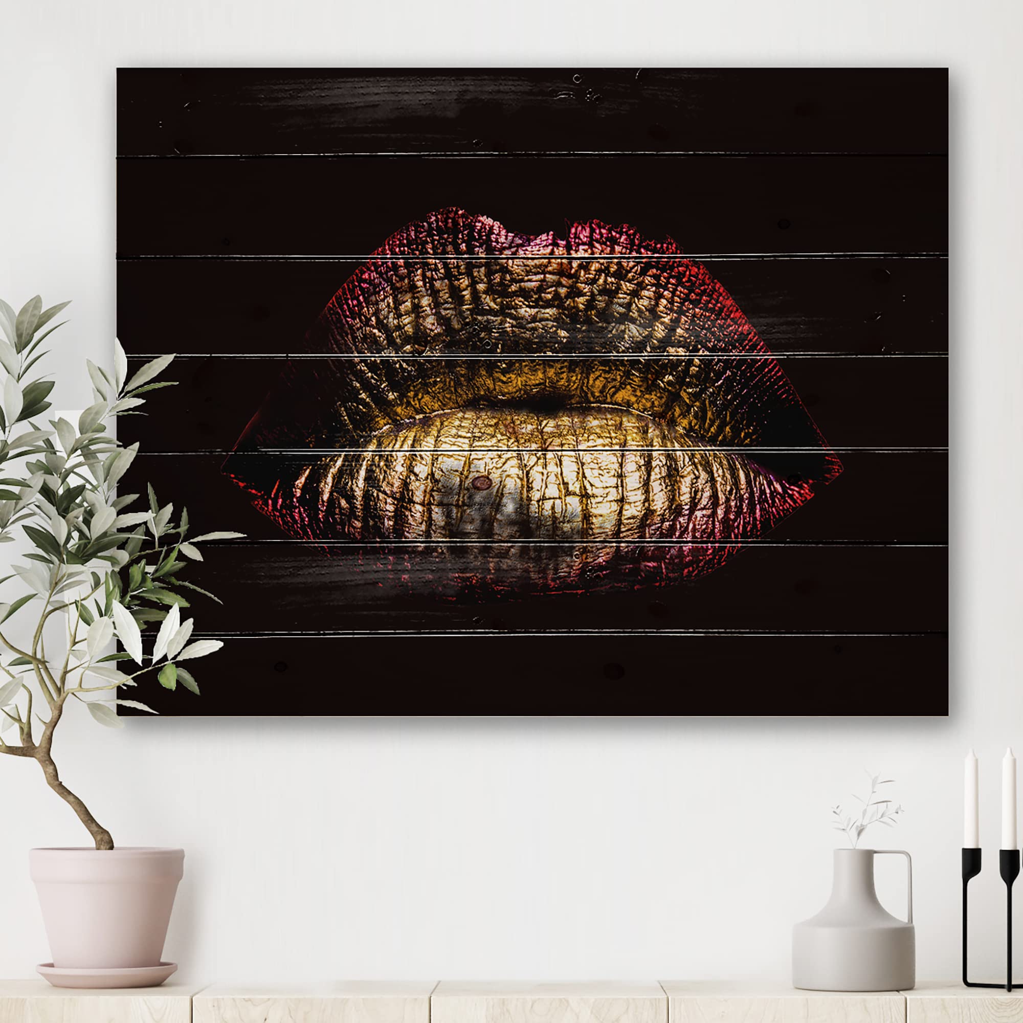Golden Lips Wood Wall Art - Modern Metallic Decor for Living Room