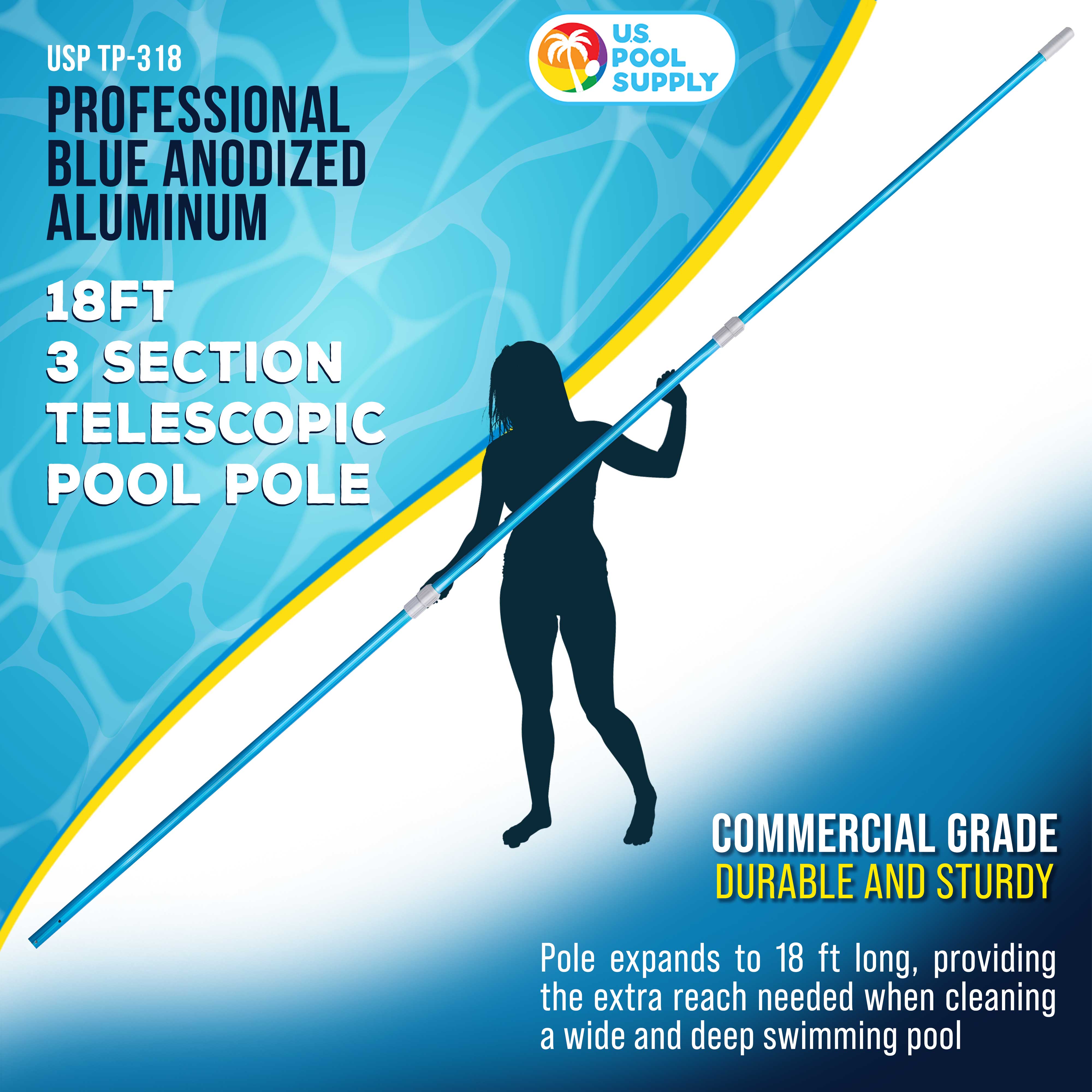 Professional 18ft Blue Anodized Aluminum Telescopic Pool Pole - Adjustable 3-Piece Expandable Design for Skimmer Nets | Heavy Duty Swimming Pool Maintenance Tool for Cleaning & Maintenance | Perfect for Inground & Above Ground Pools