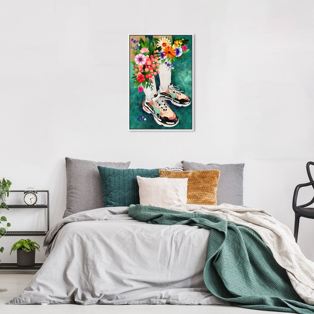 Stylish Floral Sneakers & Socks Set with Modern Green Framed Canvas Wall Art - Perfect for Bedroom Decor and Fashion Outfits | Home & Fashion Combo