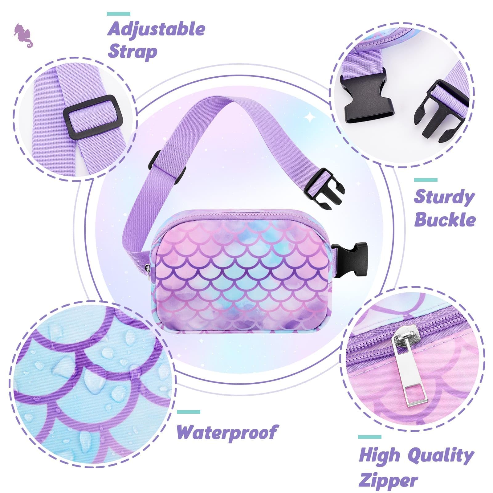 **Mermaid Fanny Pack for Kids - Adjustable Waist Bag (20-35.5 Inch) with Multiple Compartments | Crossbody Purse for Girls, Sports & Running | Perfect Gift for Active Children**    *(Great for Outdoor Play, Travel, Sports, and Everyday Adventures!)*