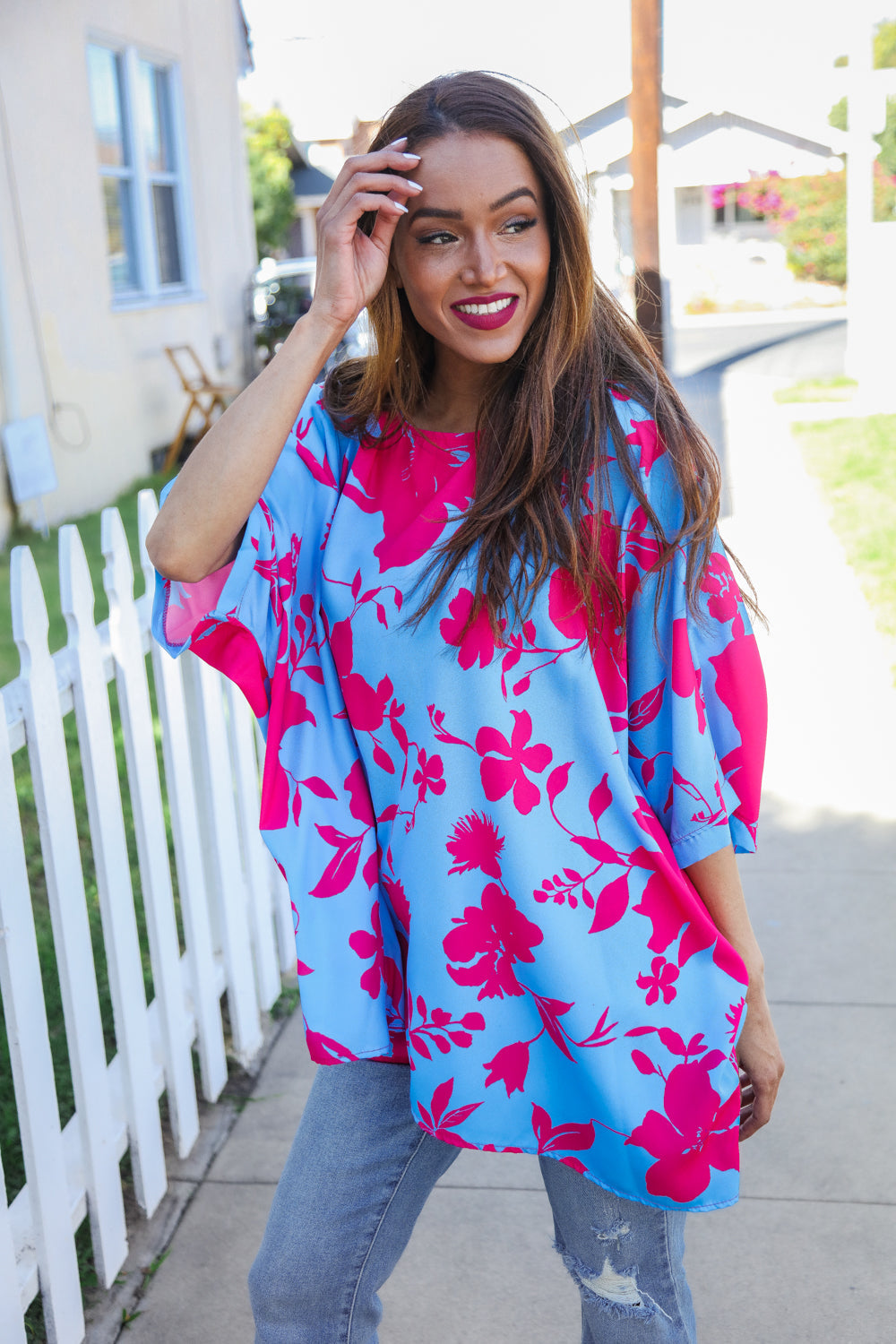Stylish Fuchsia Floral Asymmetrical Cover-Up Blouse for Women - Perfect for Beach, Pool, and Summer Vacation Outfits