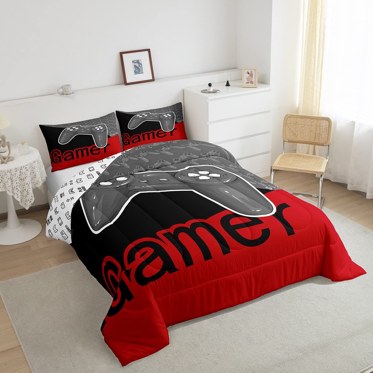 Erosebridal Boys Full Bedding Sets - Soft Gaming Comforter Sets for Kids & Toddlers, Red and Grey Bedding Collection - Perfect for Kids' Rooms, Sleepovers, and Gaming Themed Bedrooms