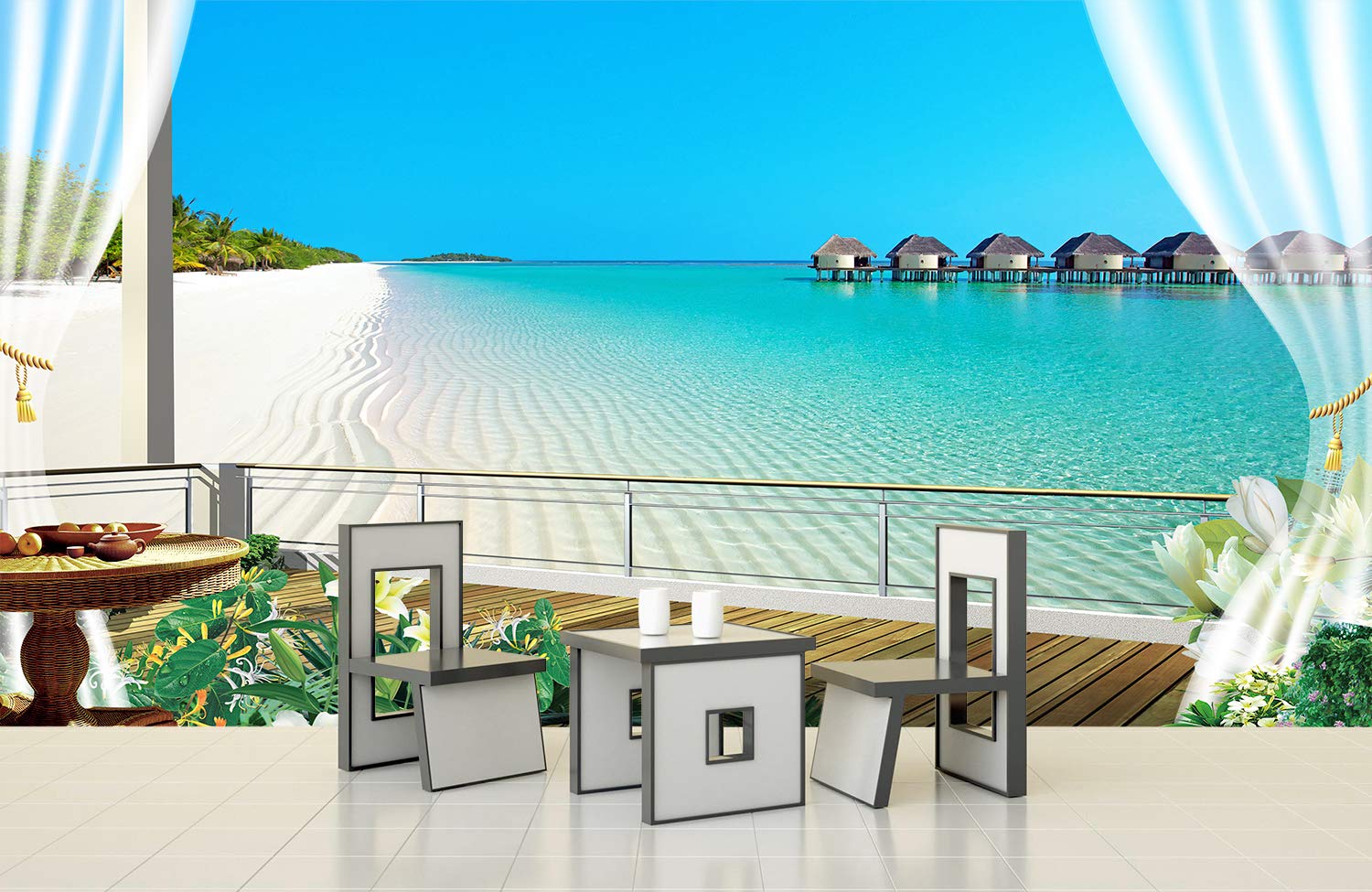 FLFK 3D Window View Peel and Stick Wall Mural - Beach Ocean Seascape Backdrop - Self-Adhesive Removable Wallpaper for Bedroom, Living Room, Office Decor (118