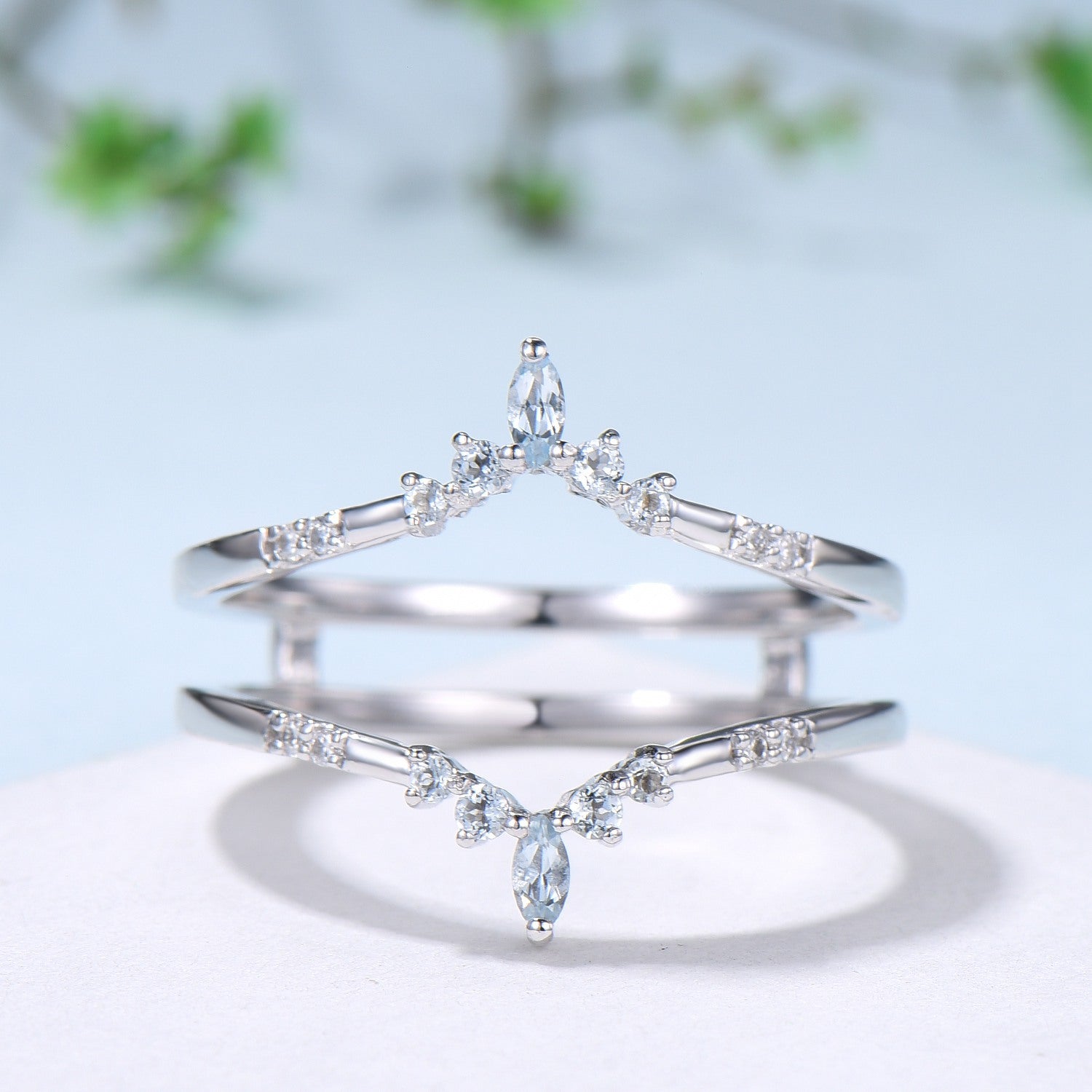 Double Curved Aquamarine Wedding Band - Sterling Silver & White Gold Enhancer Ring - Stackable Nesting Band for Women - Perfect Anniversary & Bridal Gift - Ideal for Stacking, Layering & Special Occasions