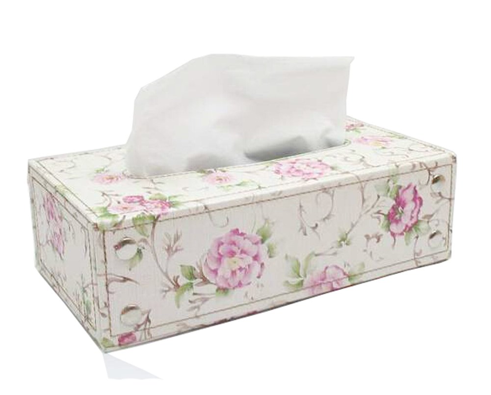 European Style PU Leather Feather Tissue Box Cover - Elegant Rose Design Rectangular Napkin Holder for Living Room, Bedroom & Bathroom Decor