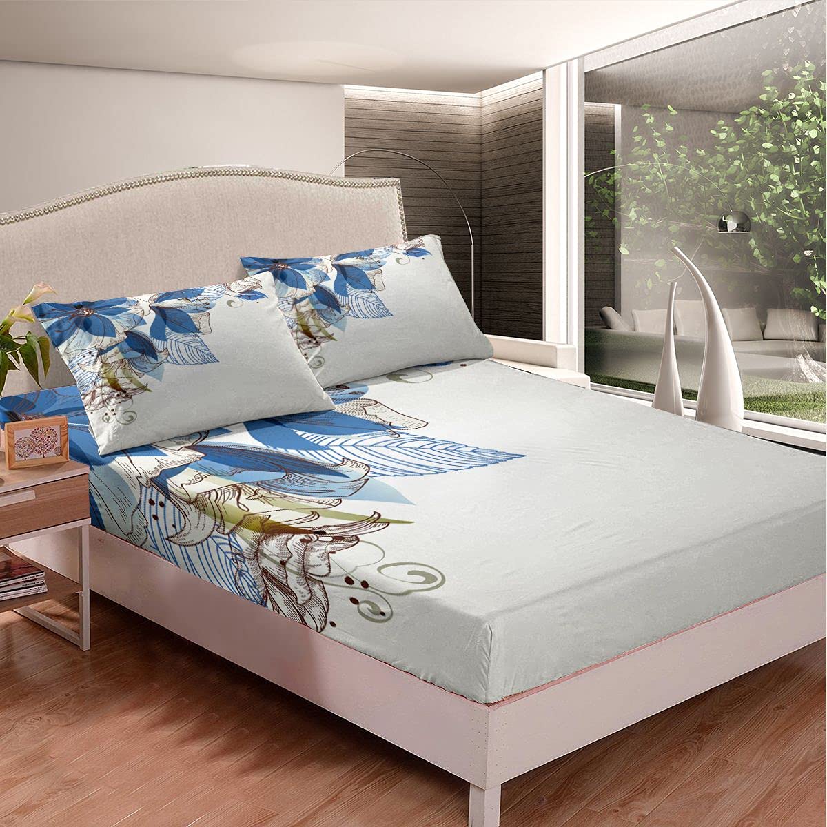 Queen Size Rose Floral Bouquet Bedding Set - 3Pcs Blue Floral Printed Fitted Sheet with Ivy Leaves Design for Spring Decor | Perfect for Kids Room, Guest Bedroom & Cozy Home Styling