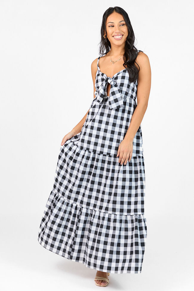 Black and White Gingham Tie Front Maxi Dress - Women's Summer Flowy Long Dress with Side Slits | Perfect for Beach Vacations, Date Nights & Outdoor Parties