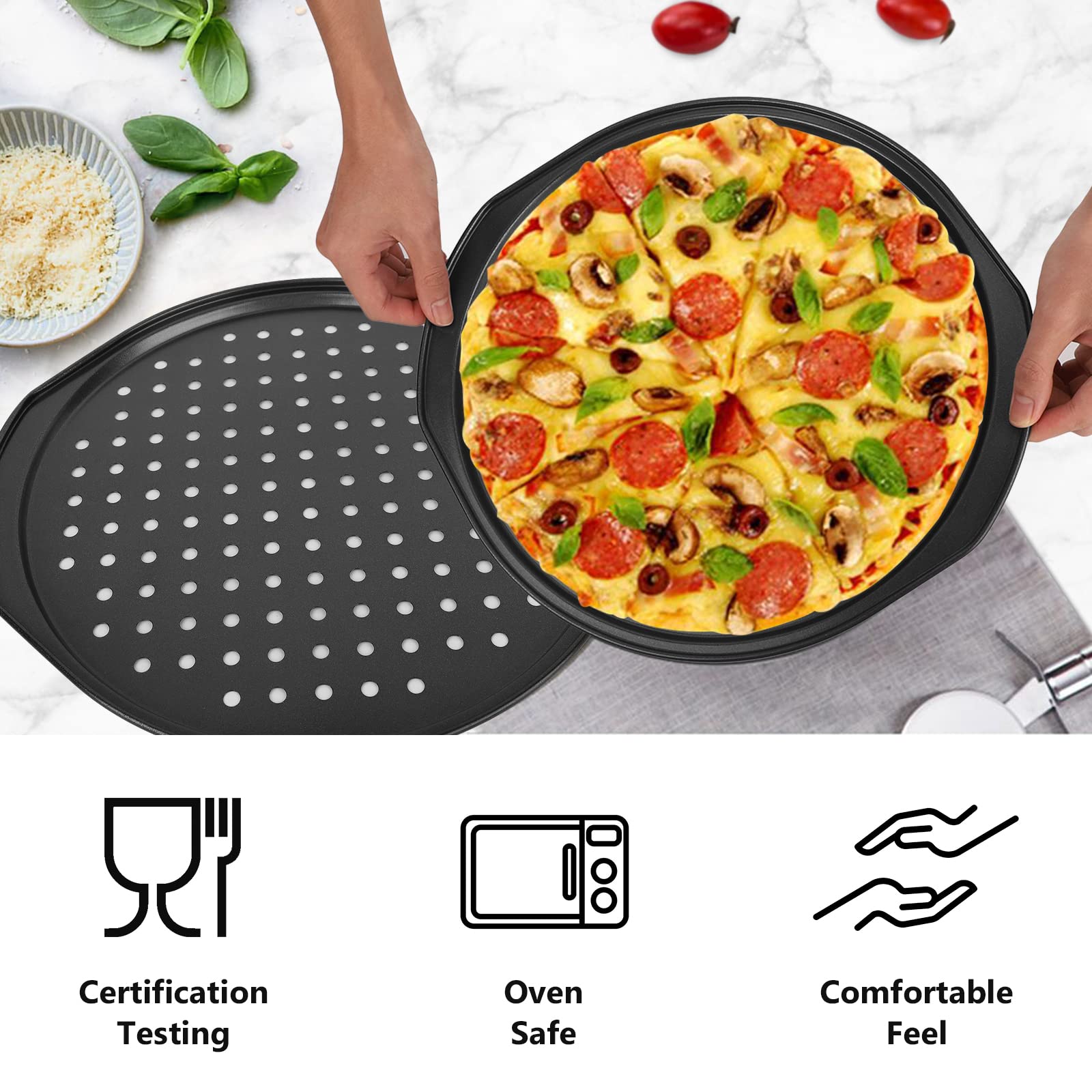 Beasea 2 Pack 12 Inch Non-Stick Carbon Steel Pizza Pan with Holes - Round Crisper Baking Tray for Home, Kitchen & Restaurant Oven - Perfect for Homemade Pizza, Bread, Cookies & Baking Parties