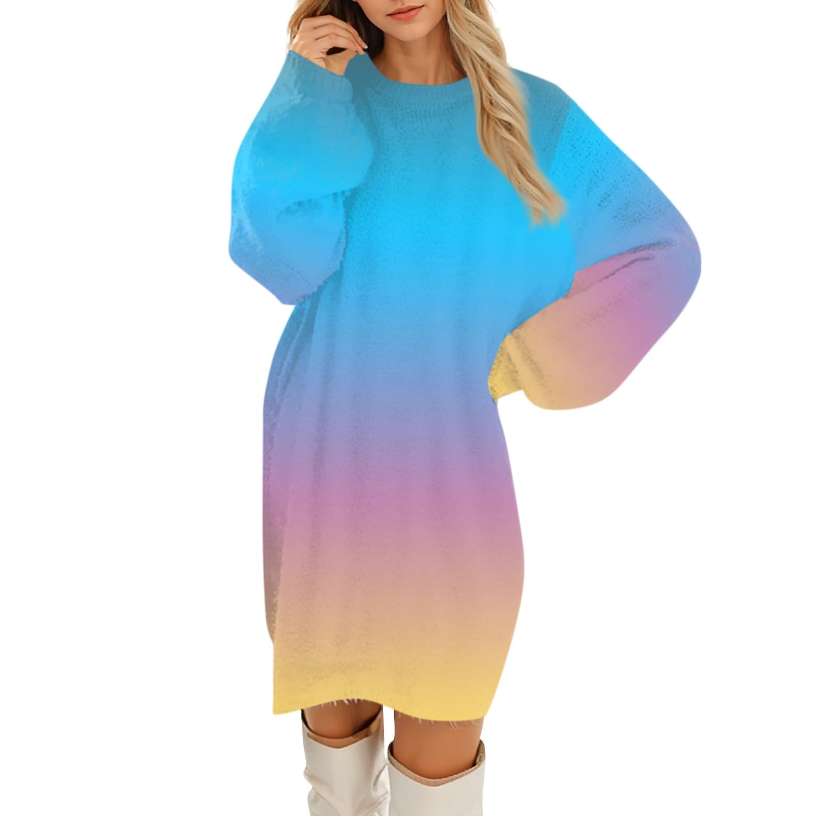 Women's Trendy Sky Blue Knit Sweater Dress - Long Sleeve Crew Neck Pullover Tunic Top for Leggings | Spring 2025 Casual Outfit | Perfect for Office, Date Night & Weekend Wear