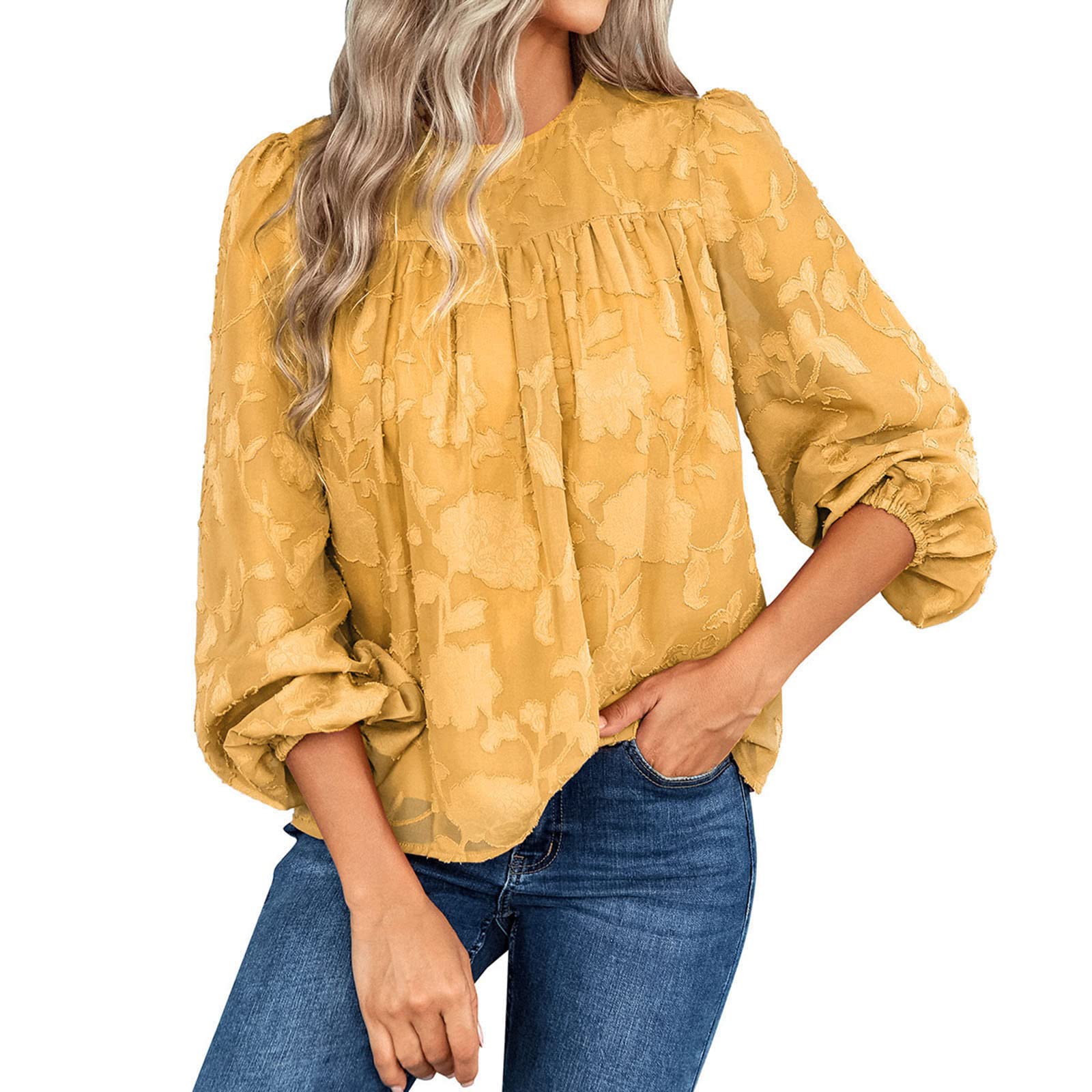 Women's Floral Textured Babydoll Blouse - Crewneck Summer Lace Top for Casual Wear | Loose Flowy Fun T-Shirt for Women | Perfect for Beach Outings, Date Nights & Summer Festivals