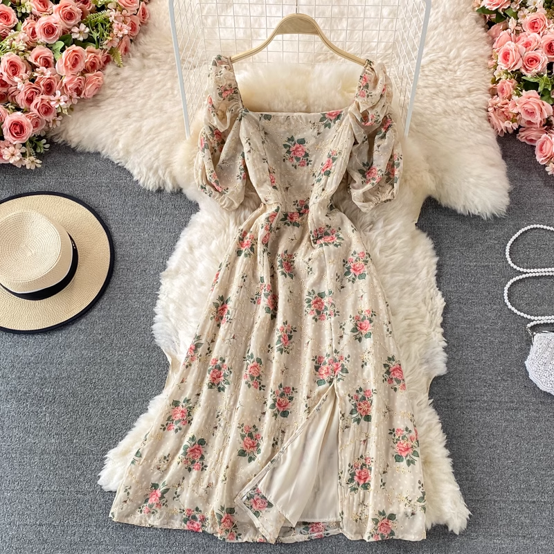 French Retro Sweet Floral Chiffon Dress - Square Neck Summer Dress for Women | Perfect for Garden Parties, Date Nights & Vacation Outfits