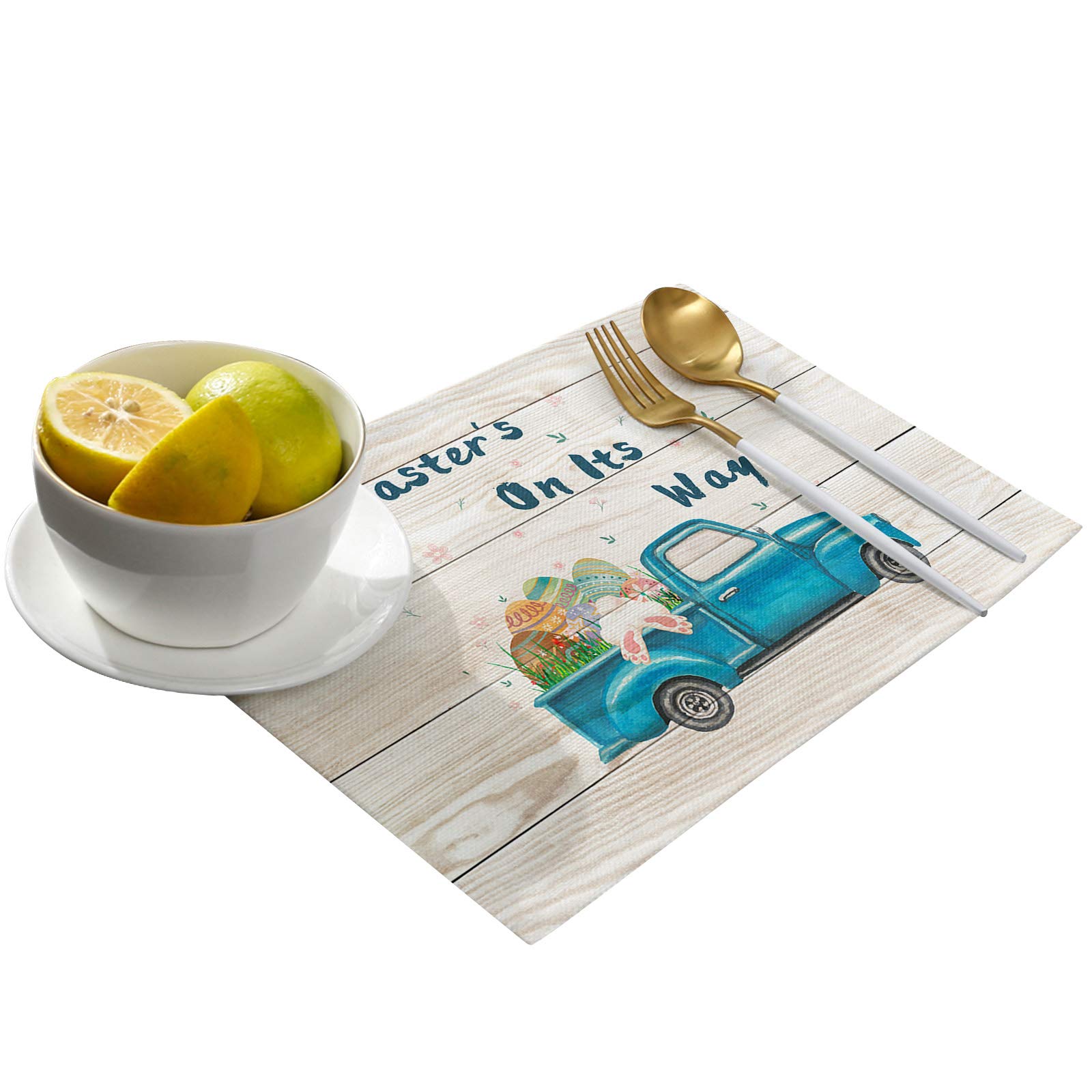 Farmhouse Easter Table Placemats Set of 4 - Round Non-Slip Heat Resistant Washable Kitchen Mats with Bunny & Egg Design - Rustic Wood Decor for Dining Table - Perfect for Family Gatherings, Holiday Meals & Spring Decor