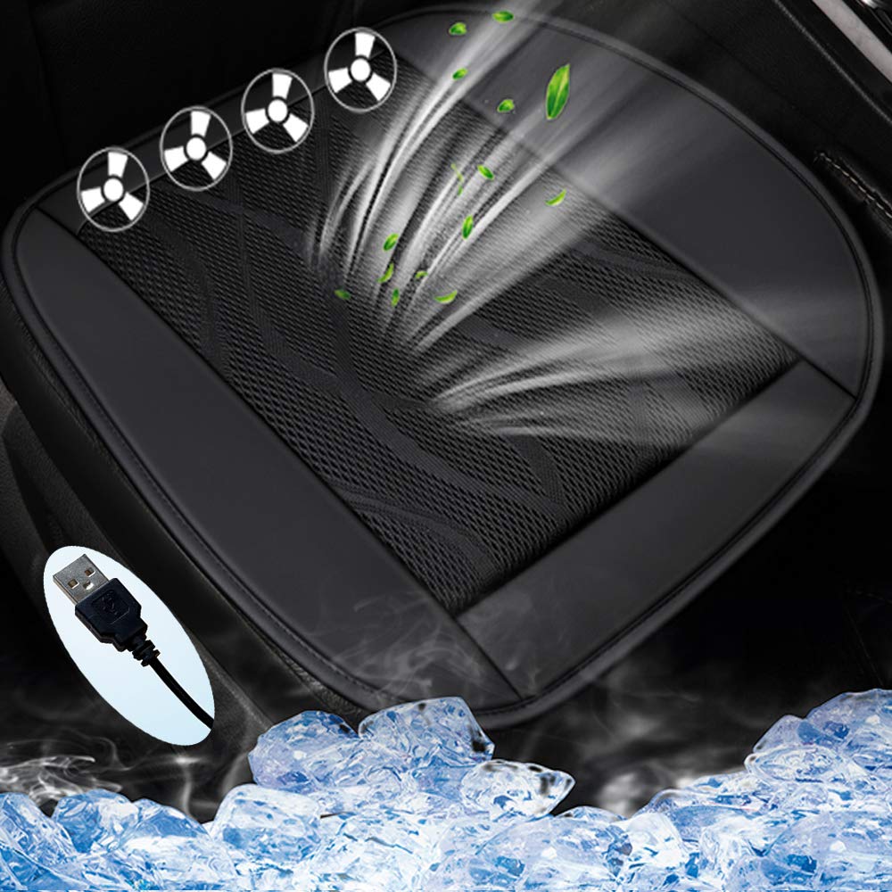 Cooling Car Seat Cushion with Fan - Ice Silk Breathable Memory Foam Seat Cover for Pain Relief - Non-Slip Bottom for Car, Office Chair & Wheelchair - 3 Speed Settings (19.2x19.6 Inches, Black) - Perfect for Hot Weather Commutes, Long Work Shifts & Wheelchair Comfort