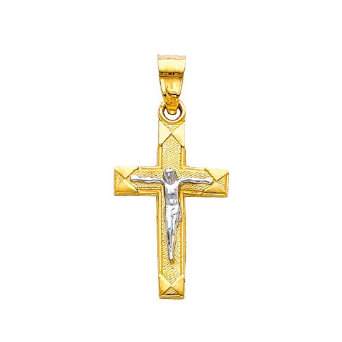 14K Two Tone Gold Jesus Cross Religious Charm Pendant with 0.8mm Box Link Chain Necklace - Perfect for Baptism, First Communion, Confirmation & Everyday Faith Jewelry