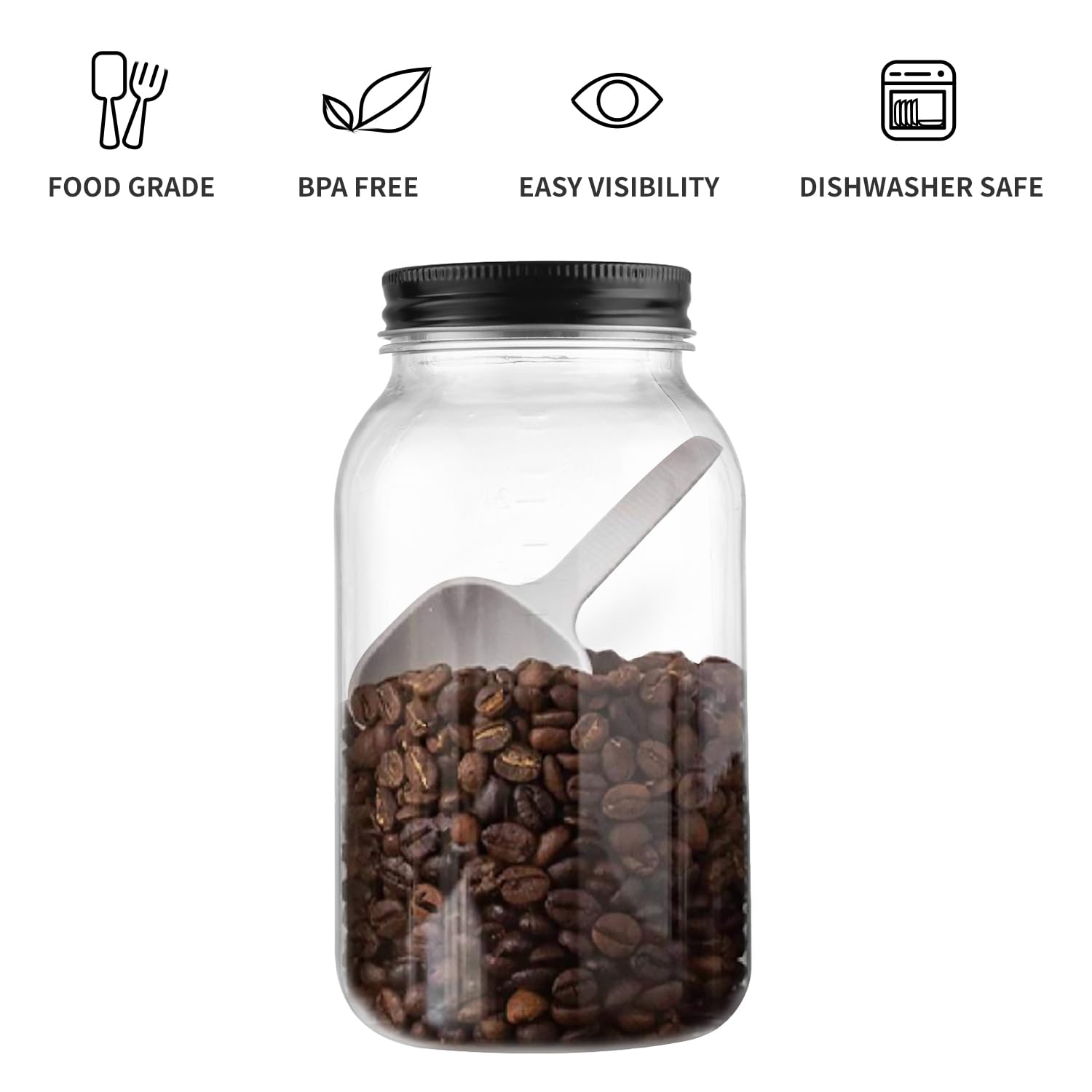 32oz Clear Plastic Mason Jars with Airtight Lids - 6 Pack Black Food Storage Containers for Kitchen, Pantry Organization, Dry Goods, Spices & DIY Crafts | BPA-Free Leakproof Jars