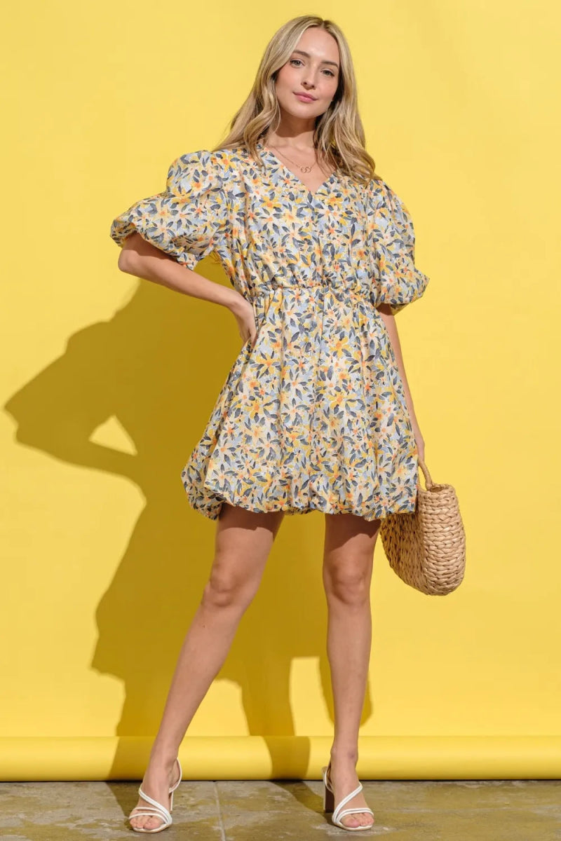 Full Size Floral Surplice Puff Sleeve Dress for Women - Elegant Summer Party & Wedding Guest Outfit