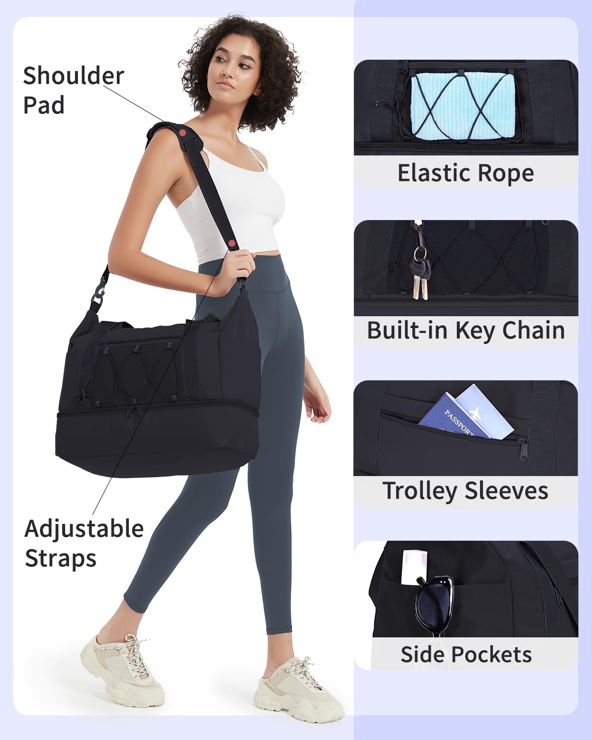 **Women's Large Water-Resistant Gym & Travel Duffel Bag with Shoe Compartment & Wet Pocket - Perfect for Workouts, Weekend Trips & Overnight Carry-On (Black) - Patent Pending**