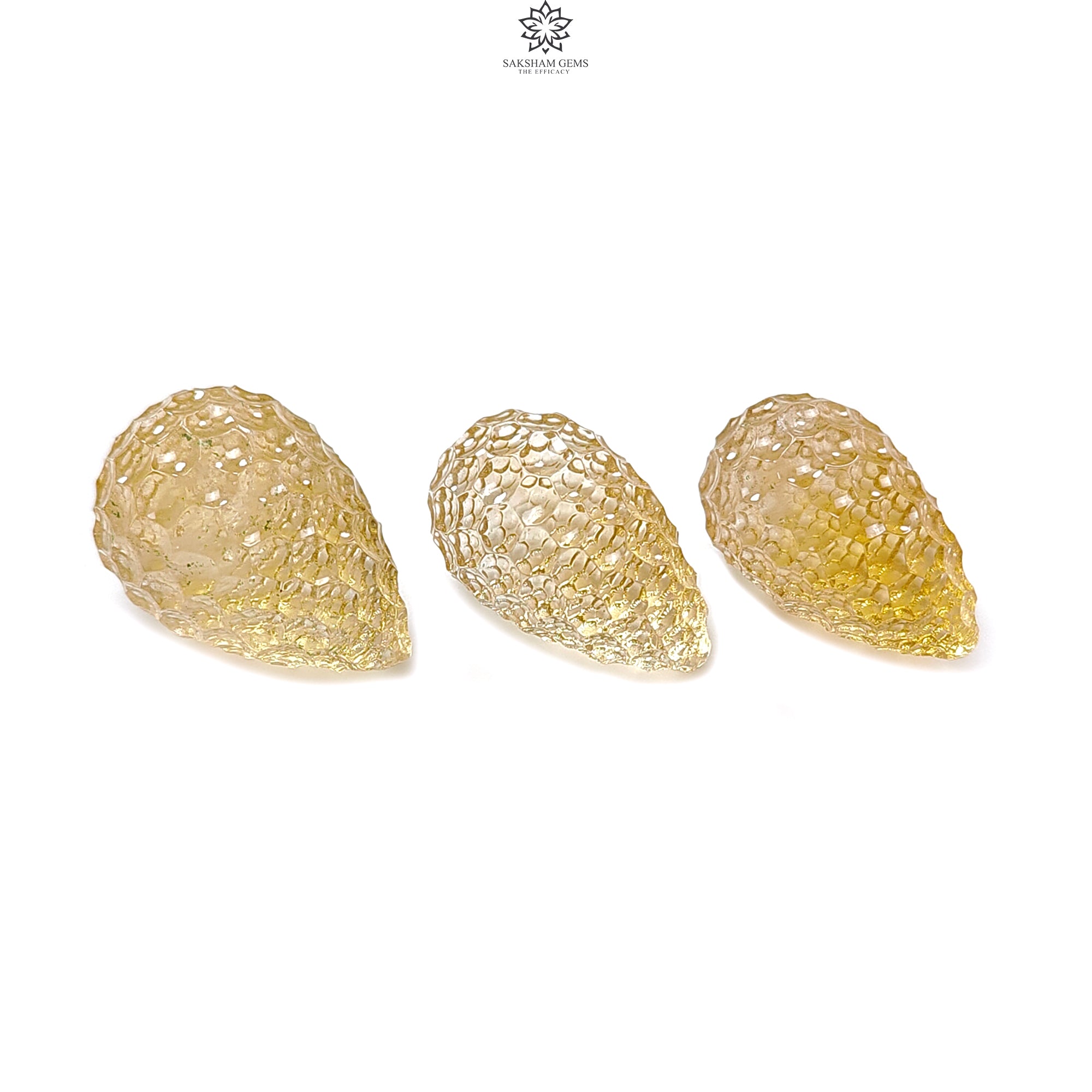 Natural Untreated Yellow Citrine Gemstone Carving - 64.60cts Hand Carved Teardrop Shape (21mm-22mm) 3-Piece Set | November Birthstone Jewelry Making Supplies | Perfect for Necklace Pendants, Earrings & DIY Craft Projects