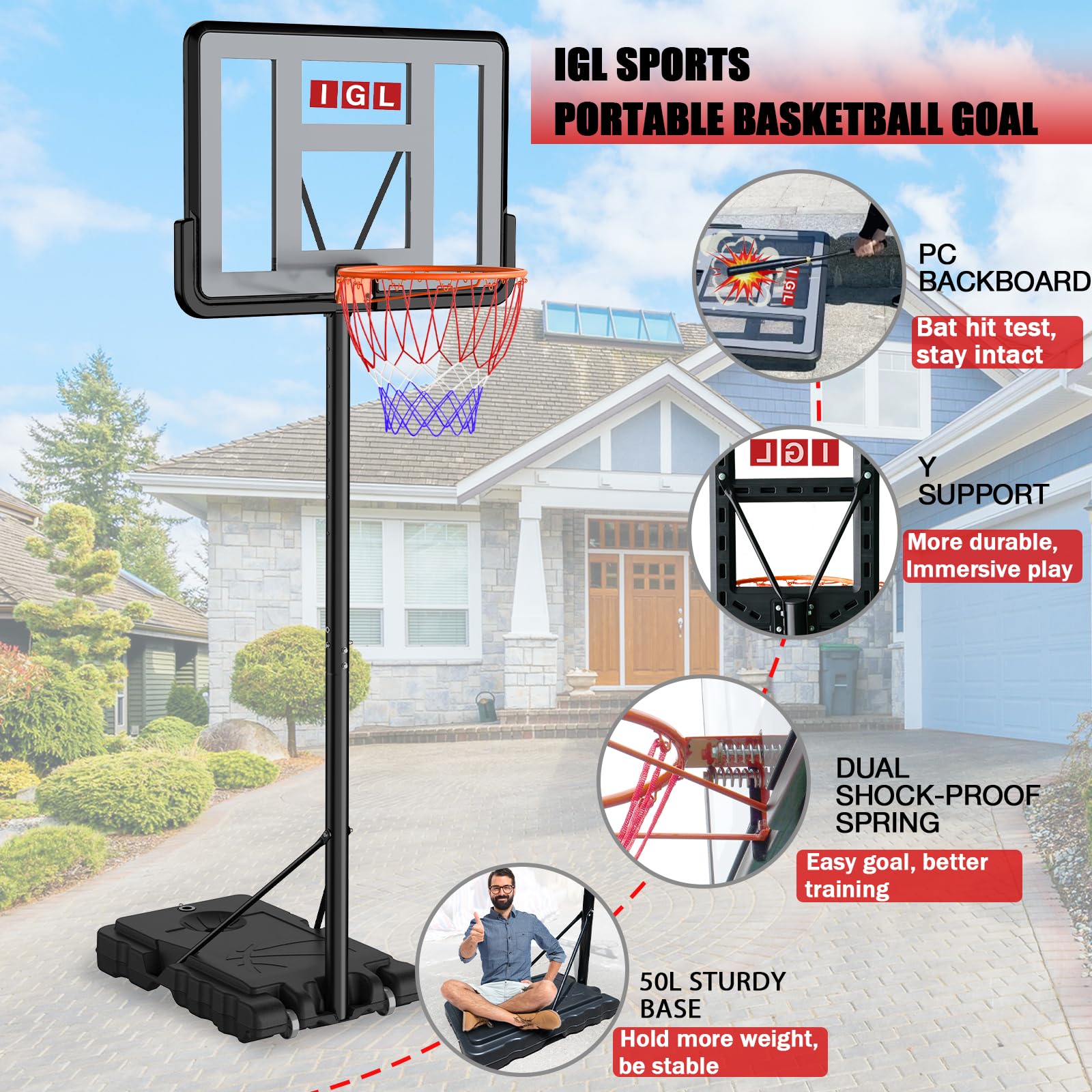 Adjustable Basketball Hoop 4.8-10ft - Portable Basketball Goal System with PC Backboard for Driveway, Pool, Indoor Use - Perfect for Teens & Adults Outdoor Games & Backyard Fun