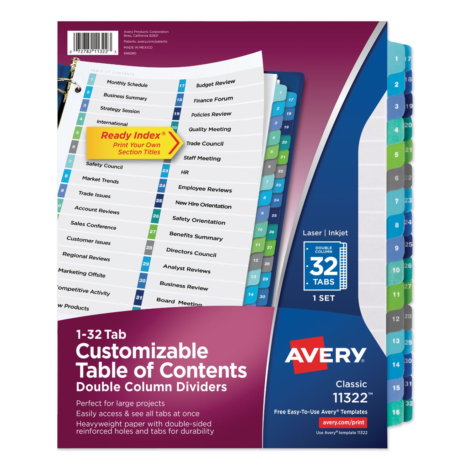 Avery® Customizable TOC Ready Index Double Column Multicolor Tab Dividers, 32 Tabs (1-32), 11