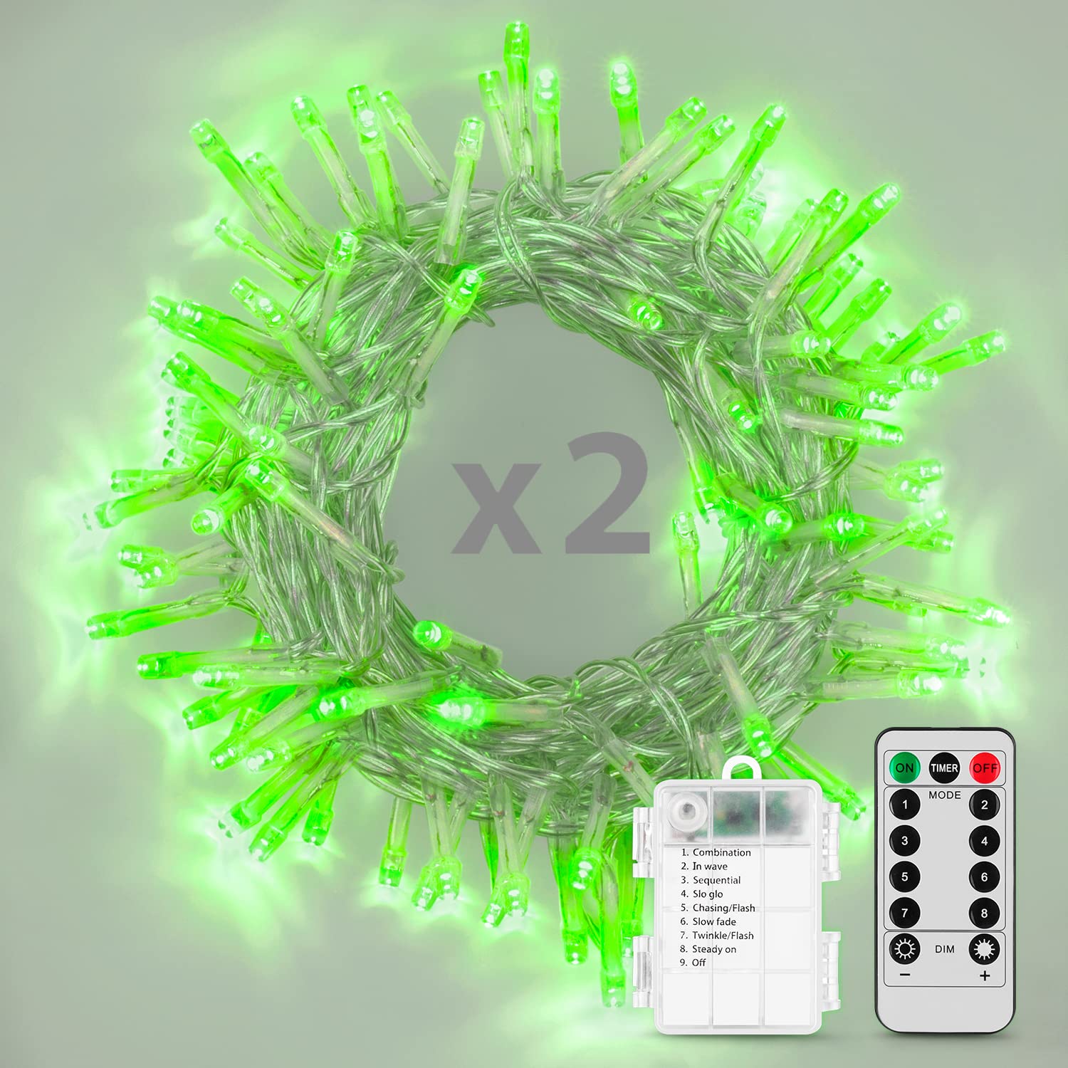 2 Pack Battery Operated LED String Lights with Remote & Timer - 16.4ft Waterproof Fairy Lights with 8 Lighting Modes for Bedroom, Garden, Party, Christmas Tree - Indoor & Outdoor Decoration (Green) | Perfect for Wedding, Patio, Backyard, Holiday & Home Decor