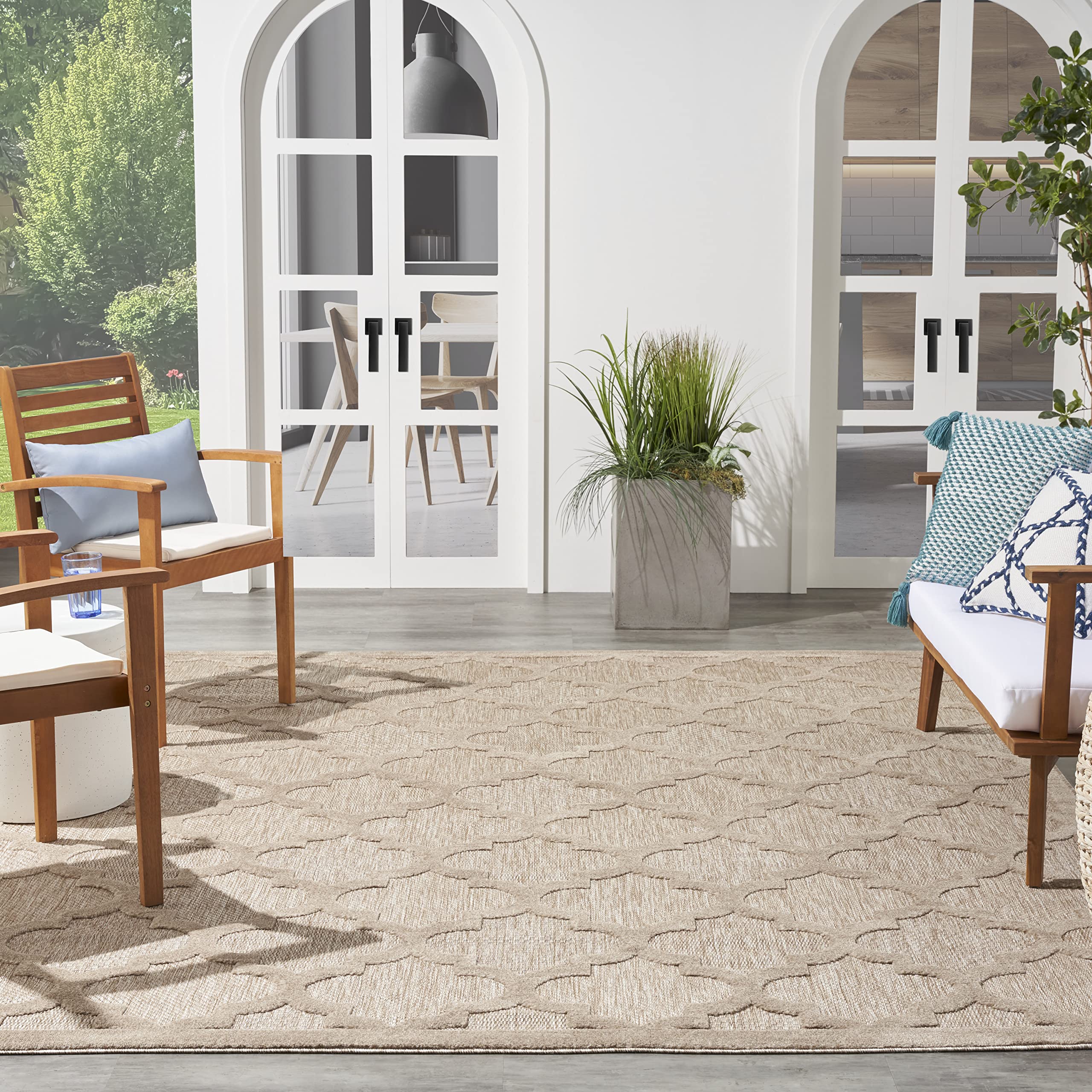 Nourison Easy Care Moroccan Trellis 7' x 10' Area Rug - Natural Beige, Non-Shedding & Easy Cleaning | Perfect for Bedroom, Living Room, Dining Room, Outdoor Deck & Patio Decor