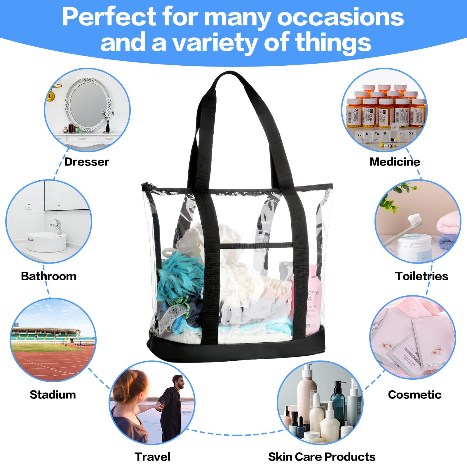 HAOGUAGUA Extra Large Clear Cosmetic Toiletry Bag - Waterproof Transparent PVC Makeup Organizer with Handles (Black) | Perfect for Travel, Gym & Daily Essentials Storage