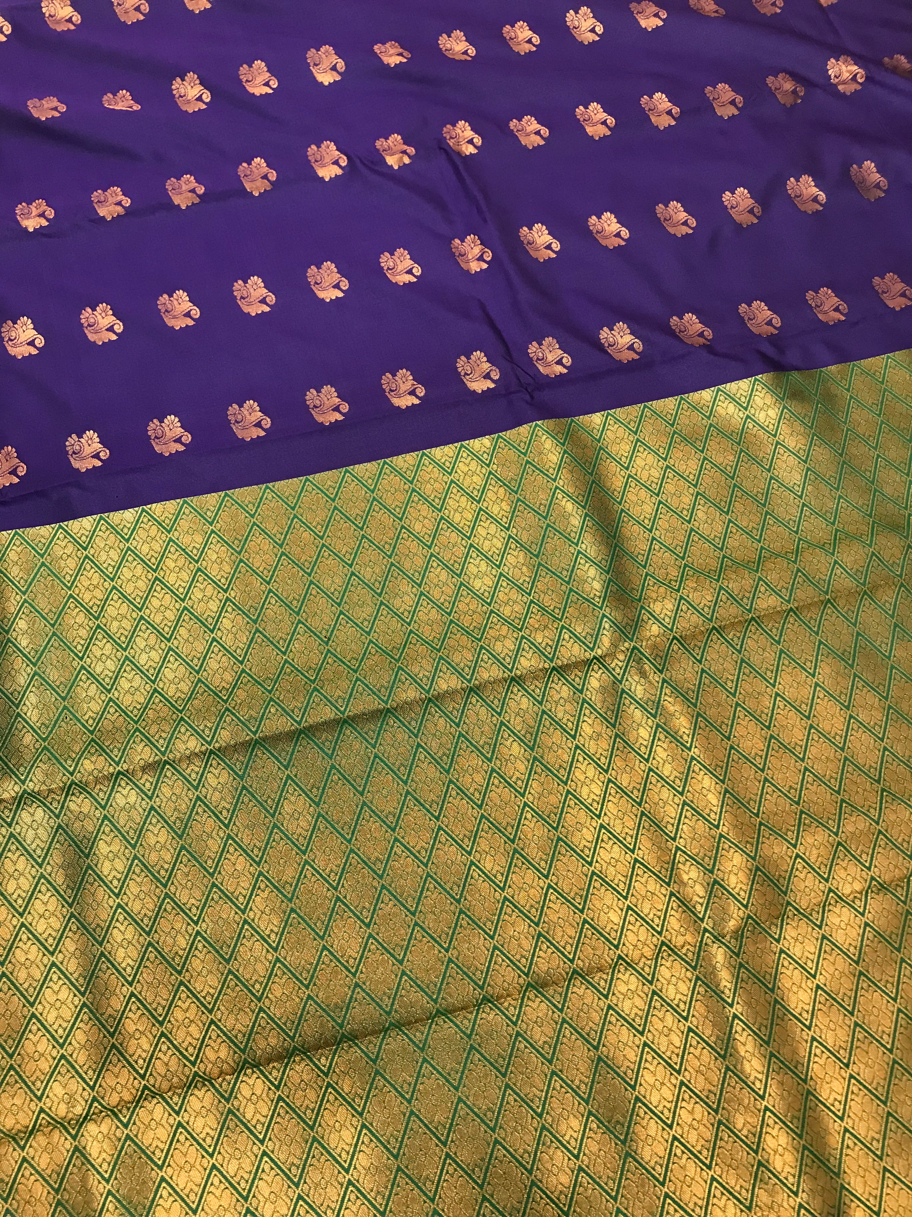 Elegant Navy Blue Pure Kanchi Silk Saree with Golden Zari for Women | Traditional Indian Attire for Weddings & Festivals