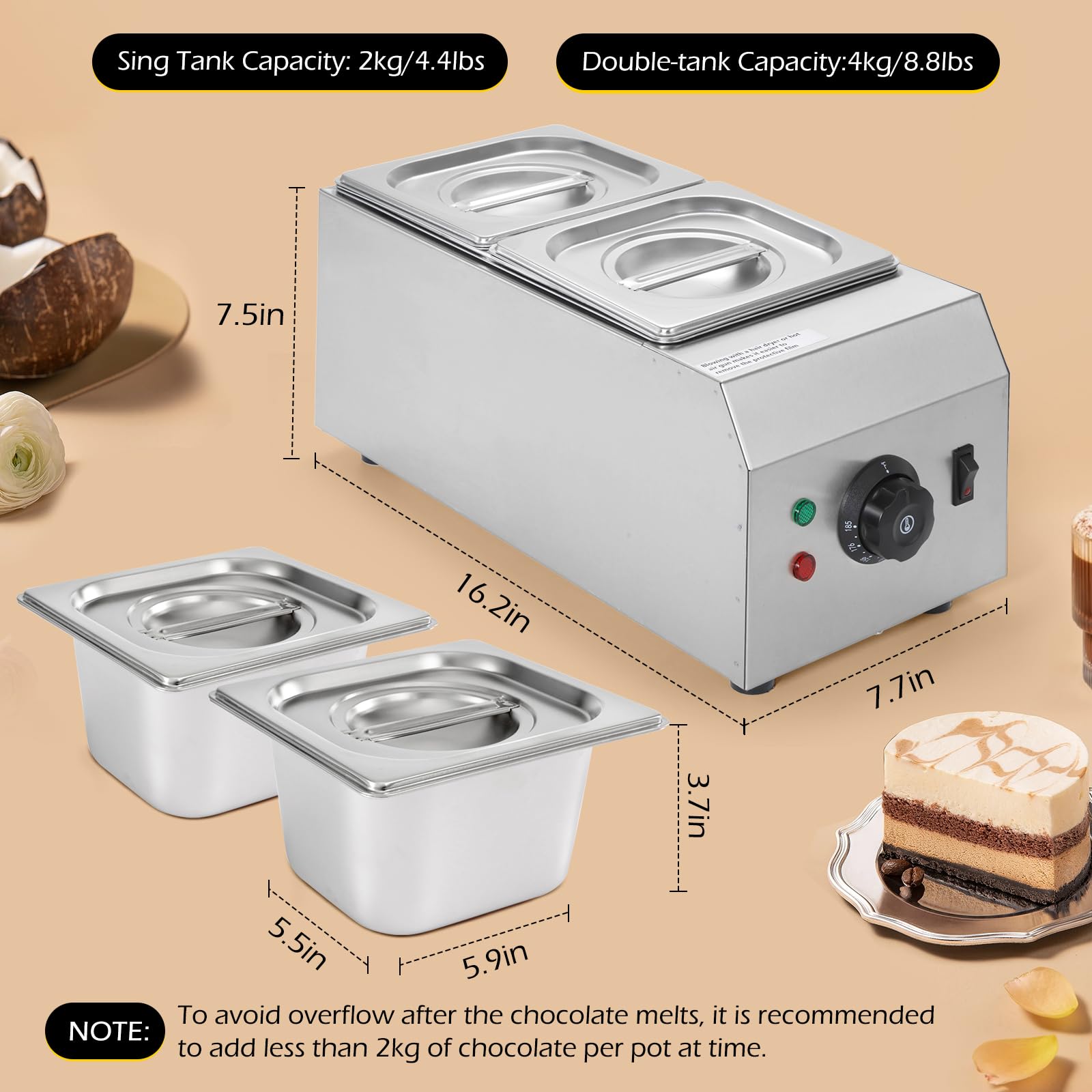 Dyna-Living 2-Tank Commercial Chocolate Melting Pot - 1000W Electric Chocolate Tempering Machine & Warmer for Milk, Coffee, Cheese - Perfect for Bakeries, Candy Shops & Home Chocolate Making