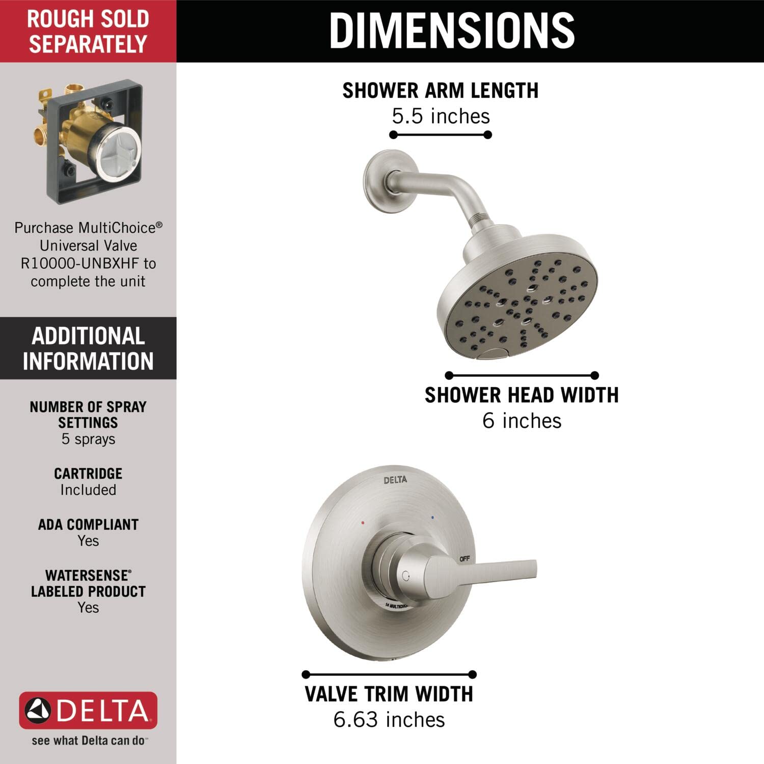 Delta Galeon 14 Series Brushed Nickel Single Handle Shower Faucet with H2Okinetic Shower Head - Complete Shower Trim Kit & Lumicoat Stainless Steel Fixtures (Model T14272-SS-PR) - Perfect for Modern Bathroom Renovations & Spa-Like Shower Experiences