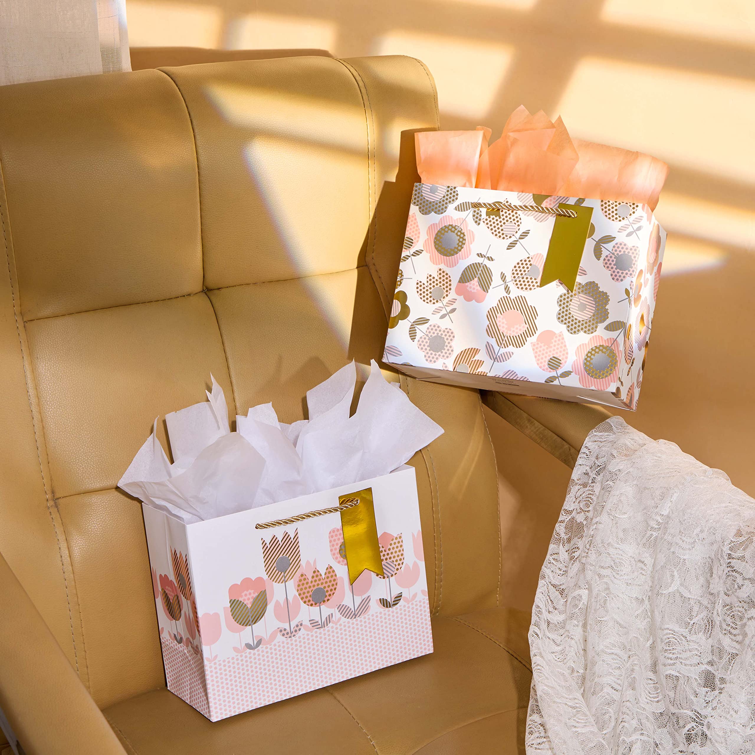 SUNCOLOR 2-Pack 9 Inch Small Gift Bags with Tissue Paper for Women - Floral Tulip Design | Perfect for Birthday, Wedding, Baby Shower & Party Favors