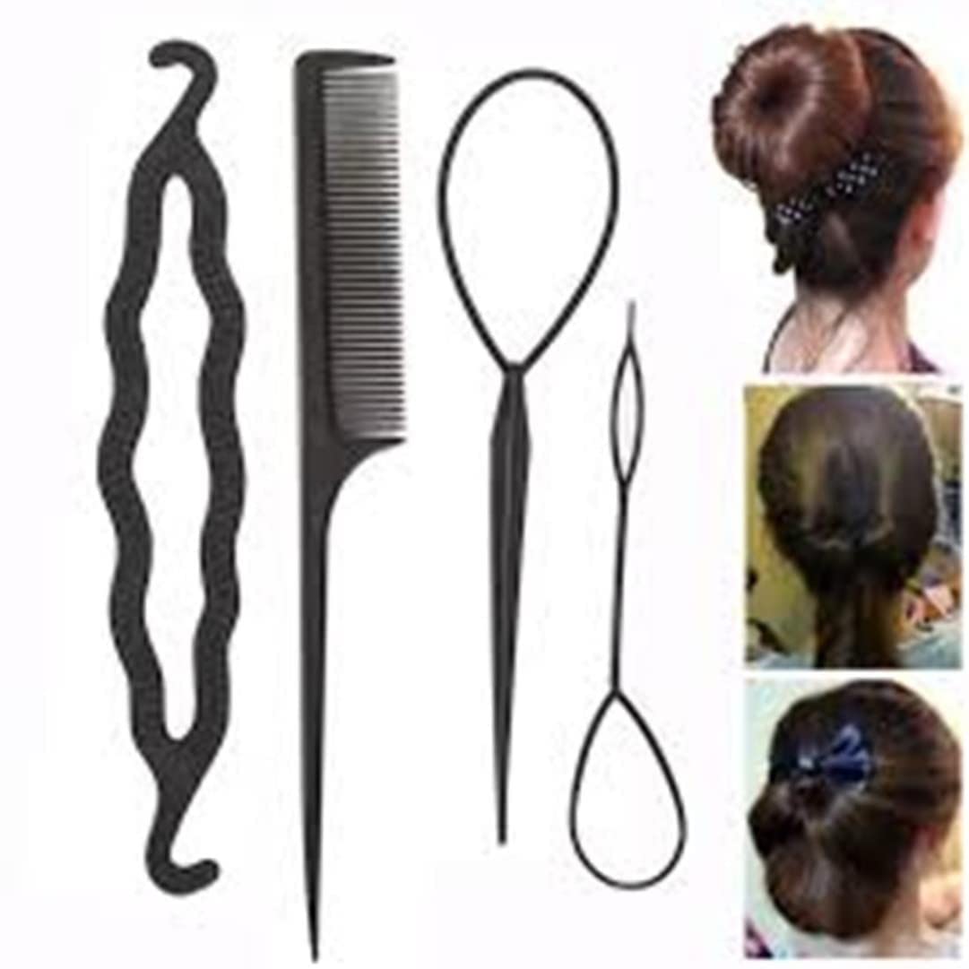 CRITEX MART 4-Piece Hair Styling Kit - Topsy Tail, Hair Pull Dish, Needle Bun Donut, Twist Braid & Ponytail Maker Tools for DIY Hairstyles | Perfect for Salon, Home Use & Travel Accessories
