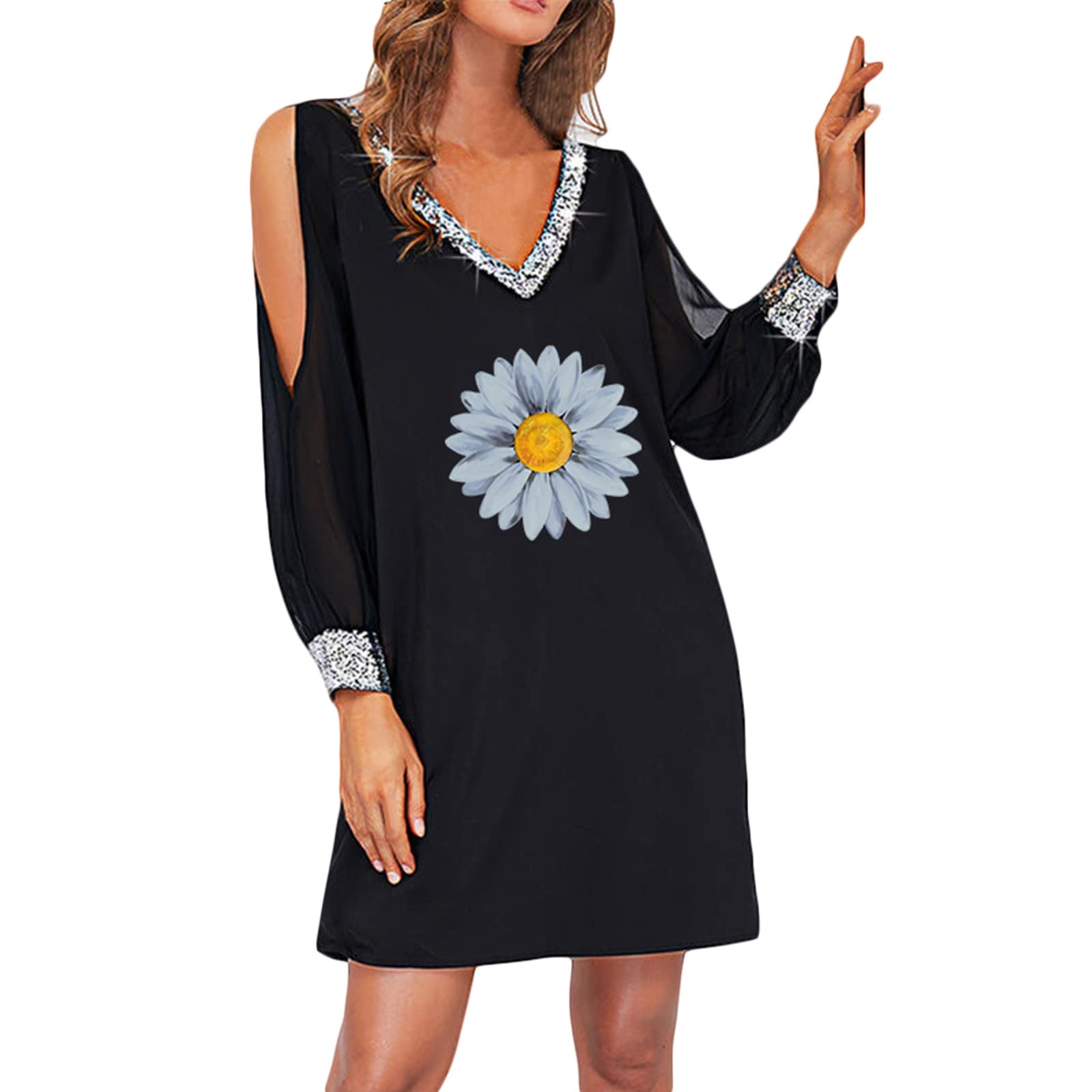 2022 Women's Elegant V-Neck Paillette Long Sleeve Floral Print Off-Shoulder Summer Dress - Perfect for Parties, Weddings & Date Nights
