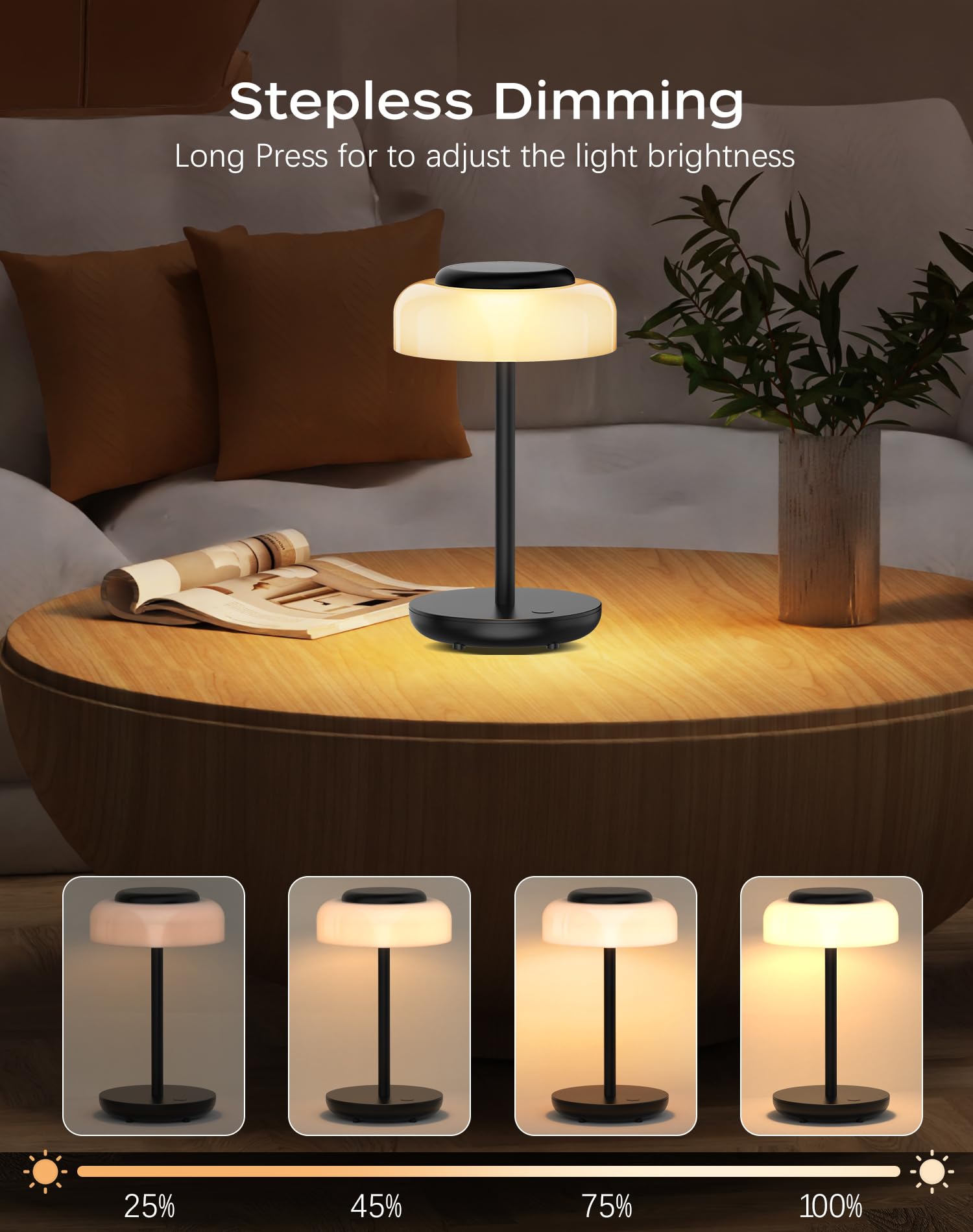 QiMH 5000mAh Rechargeable LED Table Lamp - 2 Pack Cordless Dimmable Touch Night Light, Waterproof Desk Lamp for Bedroom, Living Room, Outdoor & Bar Use - Perfect for Reading, Camping, and Emergency Lighting (Black)