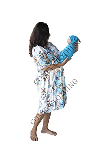 Floral Maternity Robe & Baby Swaddle Set with Matching Hat - Soft Nursing Robe for Mom & Blue Swaddle Blanket for Newborn - Perfect for Hospital, Photo Shoots & Baby Showers