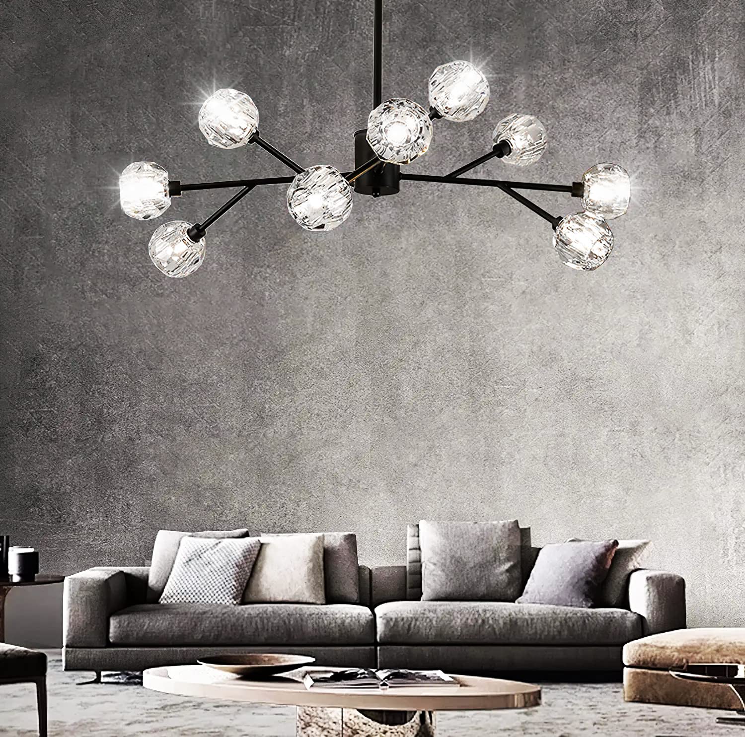 Modern Black Sputnik Chandelier - 9-Light Crystal Pendant Lighting Fixture for Living Room, Dining Room, Bedroom | Elegant Home Decor for Contemporary Interiors & Dinner Parties