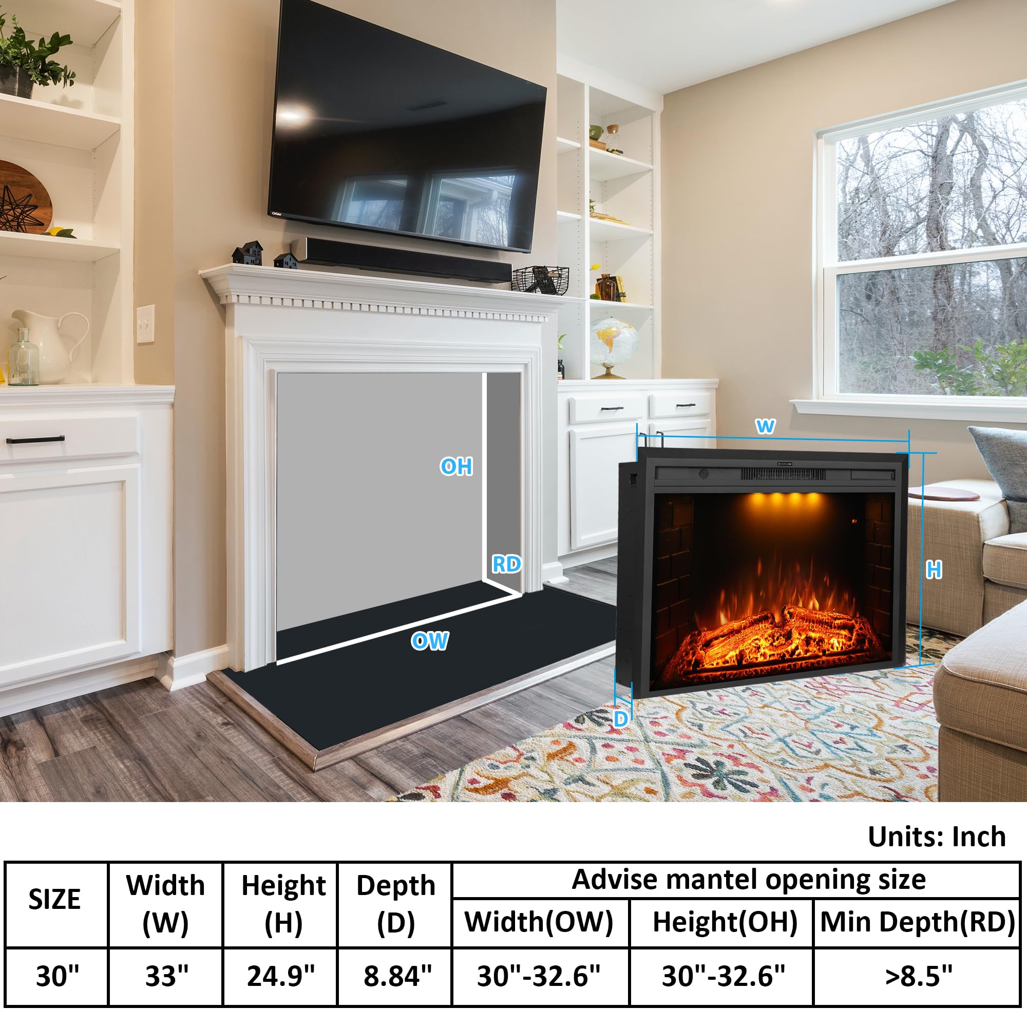 33 Inch Electric Fireplace Wall Mounted with Remote Control - Realistic Log & Crackling Sound - 750W/1500W Adjustable Heat - Overheat Protection & Timer - Black - Perfect for Living Room, Bedroom, Office Heating & Holiday Decor