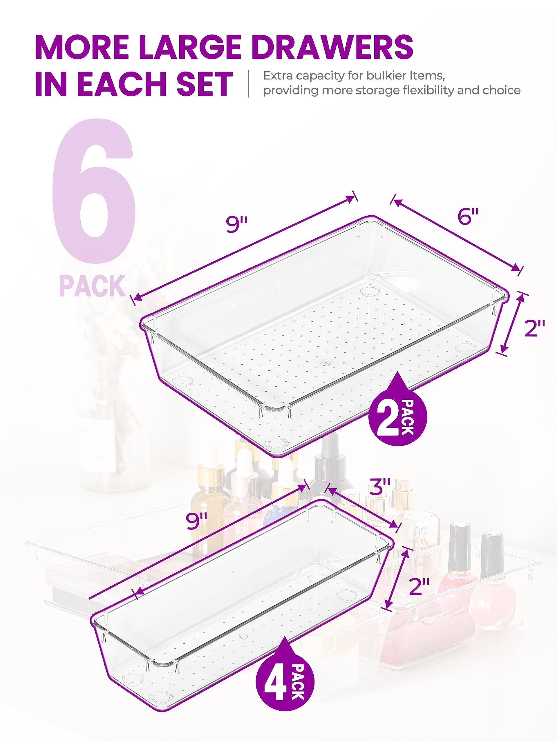 Smartor 6-Piece Clear Plastic Drawer Organizers Set - Non-Slip Storage Bins for Makeup, Office, Kitchen & Bathroom | Perfect for Desk Organization, Jewelry Storage & Home Decluttering