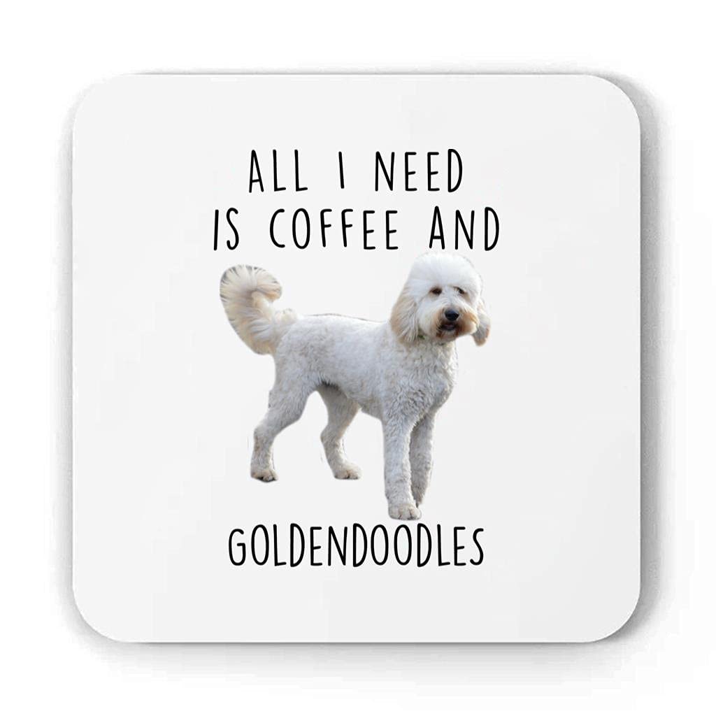 Funny Dog Mom Gifts - I Love Coffee & Goldendoodle White Ceramic Coaster Set - Perfect Christmas Gift for Dog Lovers - Great for Coffee Tables, Office Desks & Home Decor