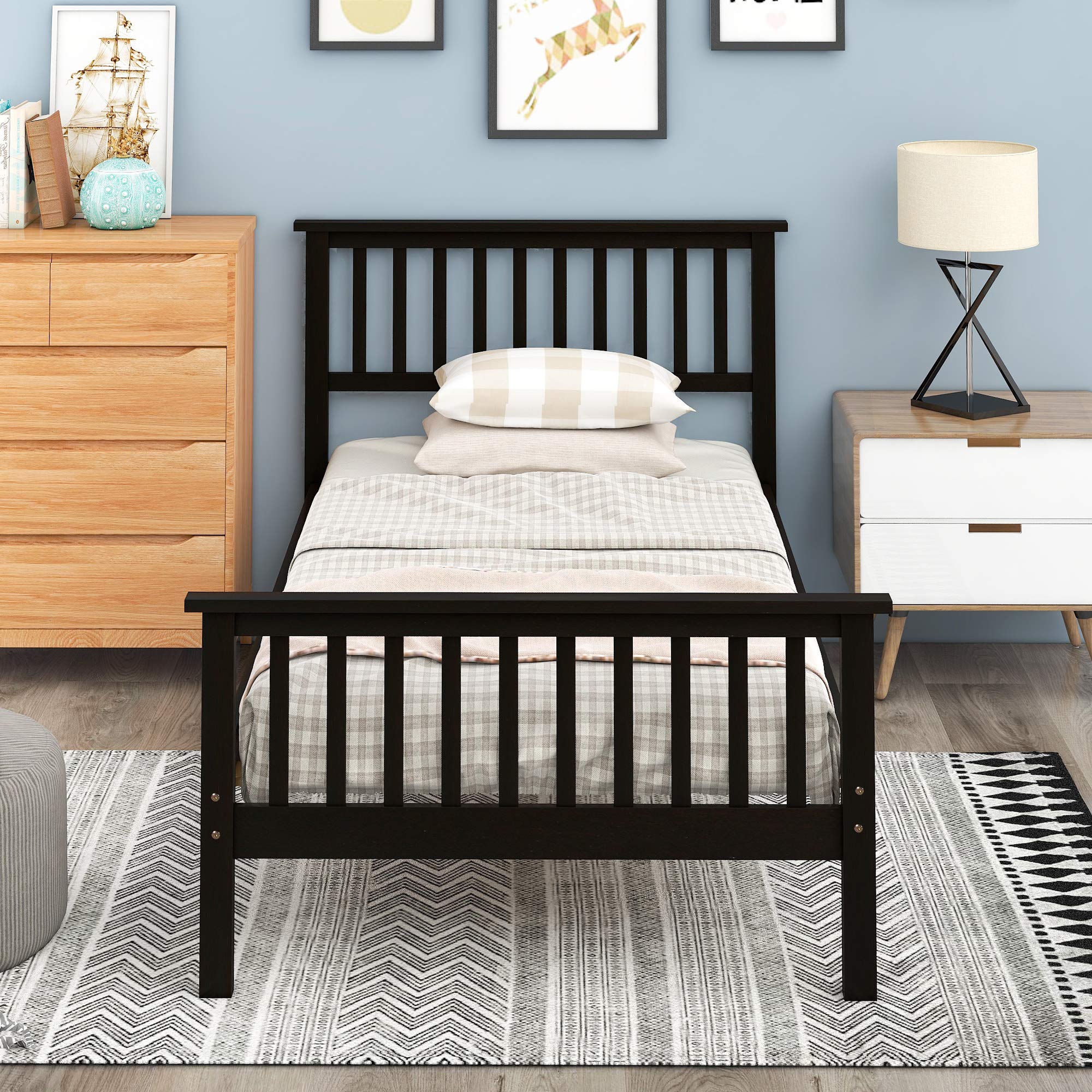 Merax Twin Size Platform Bed Frame with Headboard & Footboard - Wood Slat Support, No Box Spring Needed - Espresso Finish - Perfect for Small Bedrooms, Guest Rooms & Dorm Rooms
