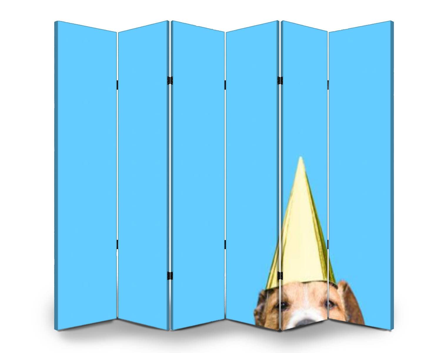 6 Panel Folding Room Divider Screen - Freestanding Privacy Partition with Dog in Golden Party Hat Design for Indoor/Outdoor Use - Perfect for Birthday Parties, Celebrations, Home Office & Nursery Separation