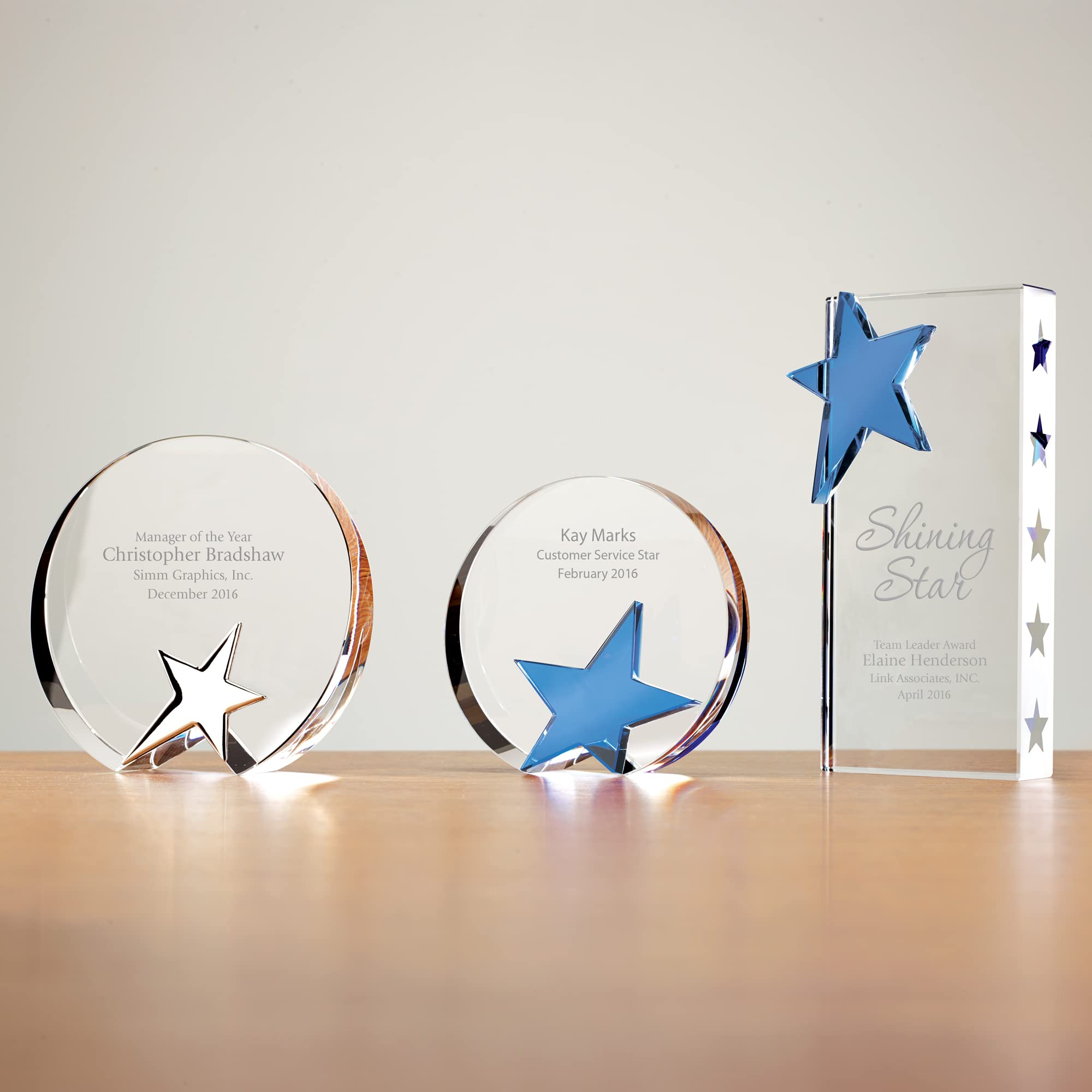 Baudville Engraved Crystal Trophy with Blue Star - Custom Employee Award with 3-Line Personalization - Elegant Round Design in Gift Box - Perfect for Recognition Ceremonies, Corporate Awards & Retirement Gifts