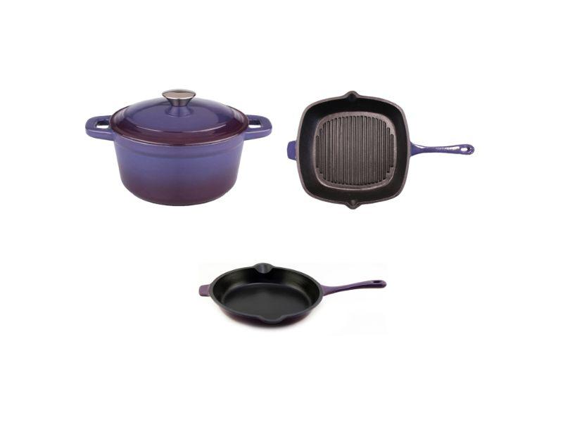 BergHOFF Neo 4-Piece Cast Iron Cookware Set - Purple Fry Pan, Grill Pan & Dutch Oven for Stovetop, Oven & Outdoor Cooking | Durable Kitchen Essentials for Searing, Grilling & Braising