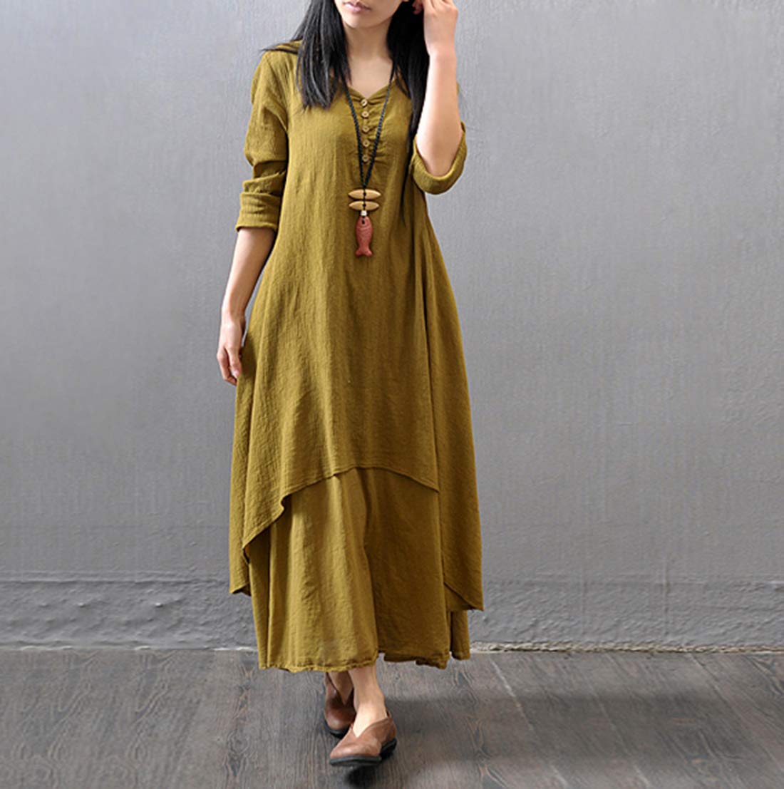 Elonglin Women's Vintage Loose Tunic Dress - Double Layer Cotton Linen T-Shirt Dress for Casual Wear, Summer Outfits & Boho Style