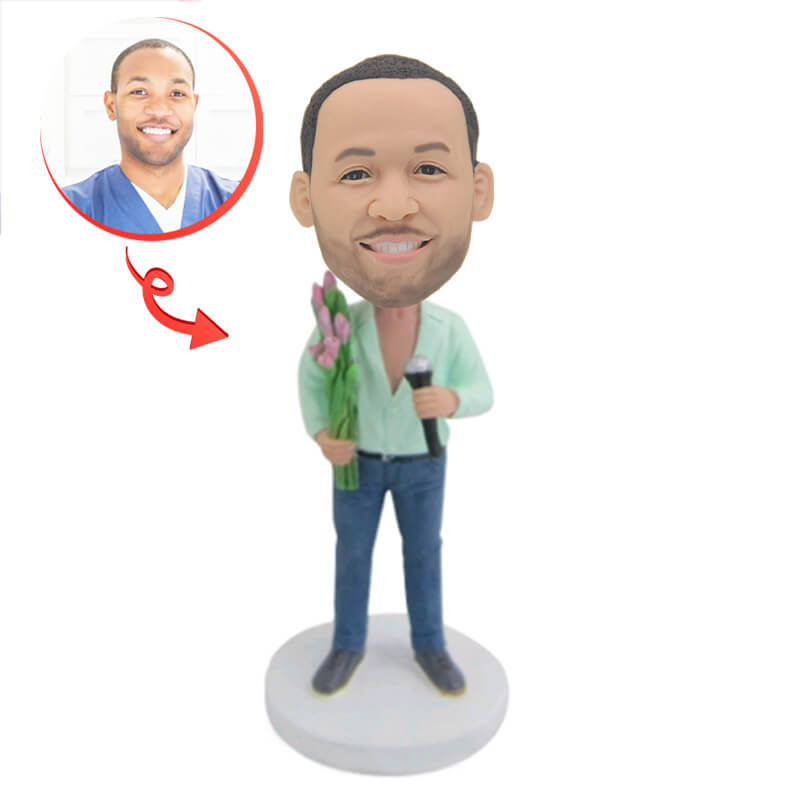 Custom Male Singer Bobblehead with Flowers - Personalized Music Lover Gift for Birthdays, Anniversaries & Home Decor