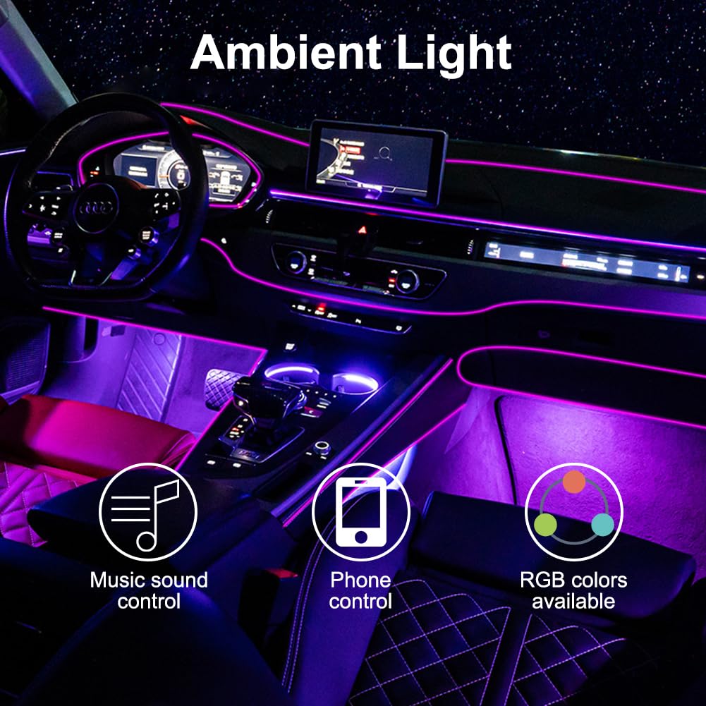 TEKSHINNY RGB Car Interior LED Strip Lights - Wireless APP & Remote Control, 5-in-1 Fiber Optic Ambient Lighting Kit (236 Inches) for Cars, Trucks & SUVs | Perfect for Night Driving, Car Parties & Custom Interior Lighting