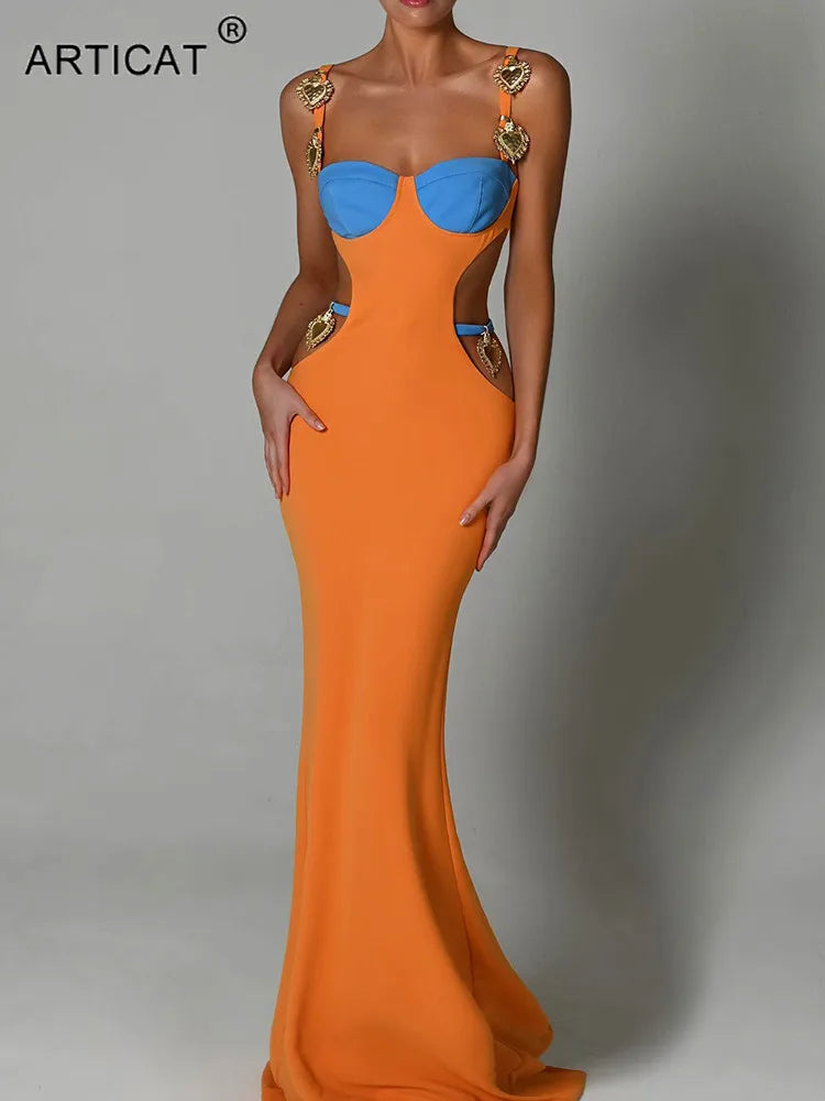 Articat Women's Orange Patchwork Hollow Out Maxi Dress - Elegant Metal Shell Spaghetti Strap Party Clubwear for Women | Perfect for Summer Beach Vacations, Evening Parties & Special Occasions