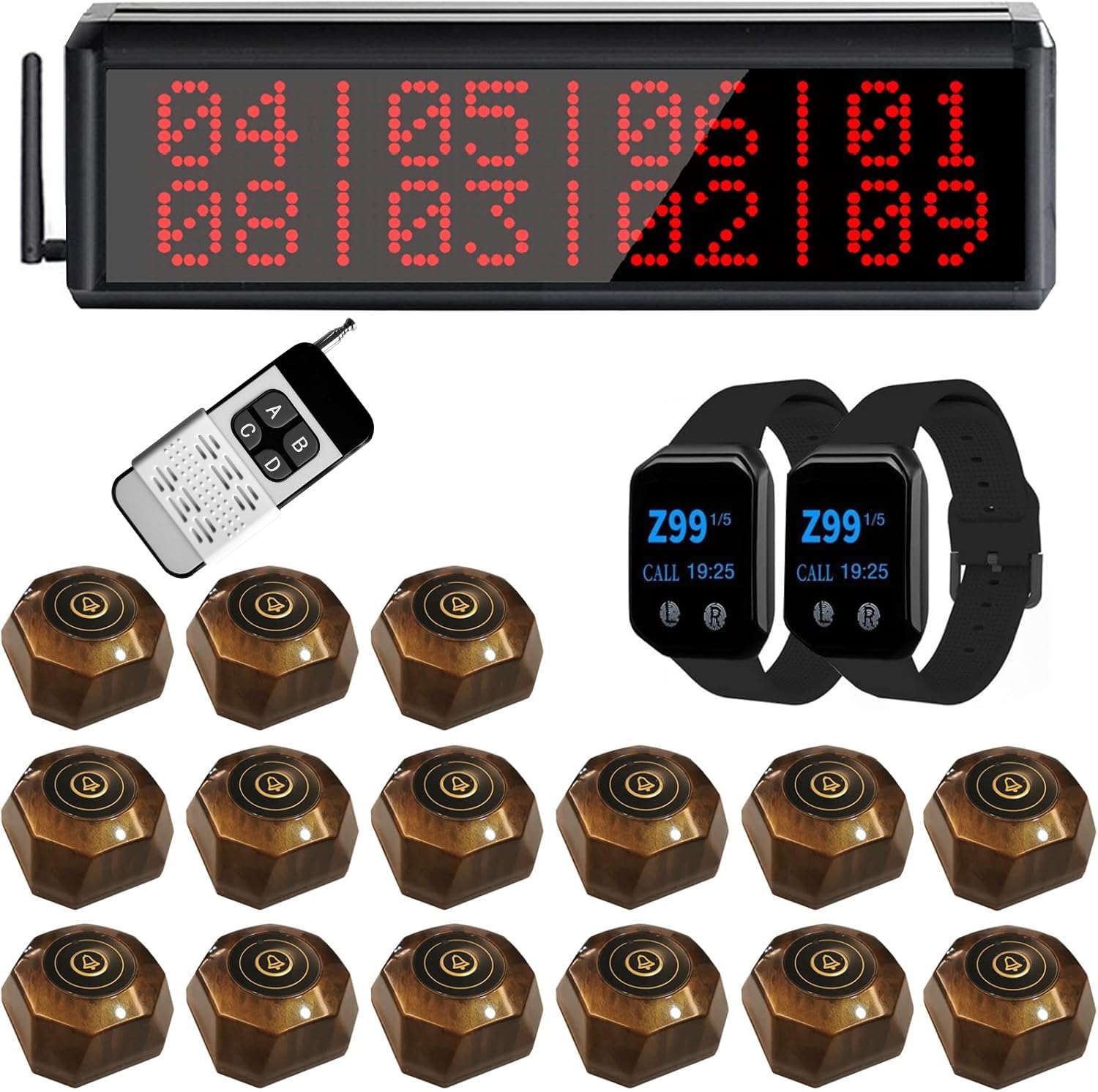 Wireless Restaurant Pager System - 1600+ Feet Range with Display Screen, Remote Control & 2 Waterproof Pagers (15 Call Buttons) for Efficient Customer Service in Restaurants, Cafes, and Hotels