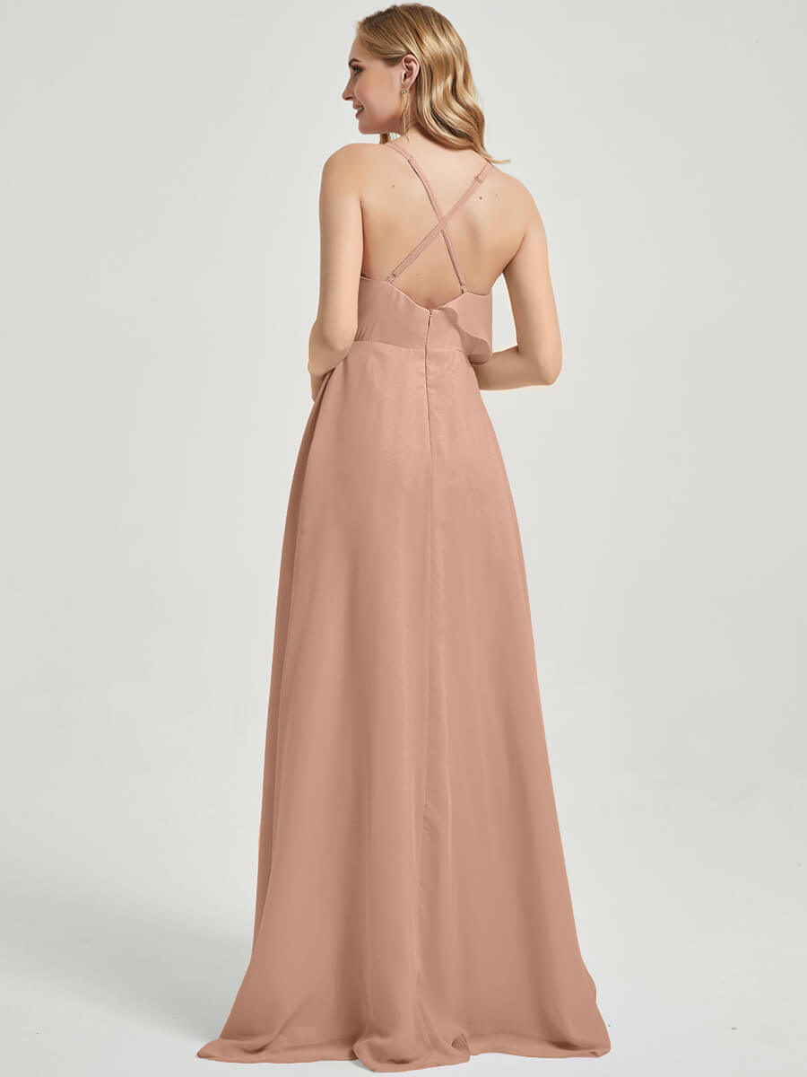 Elegant Criss Cross Straps Ruffles Slit Chiffon Bridesmaid Dress in English Rose - Perfect for Weddings, Formal Events & Special Occasions