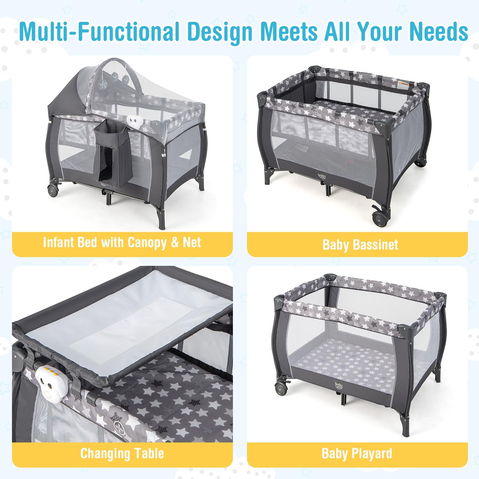 BABY JOY 4-in-1 Portable Playard with Bassinet, Changing Table & Music Box - Adjustable Canopy, Lockable Wheels - Travel Crib for Newborn to Toddler - Perfect for Nursery, Daycare & Family Trips